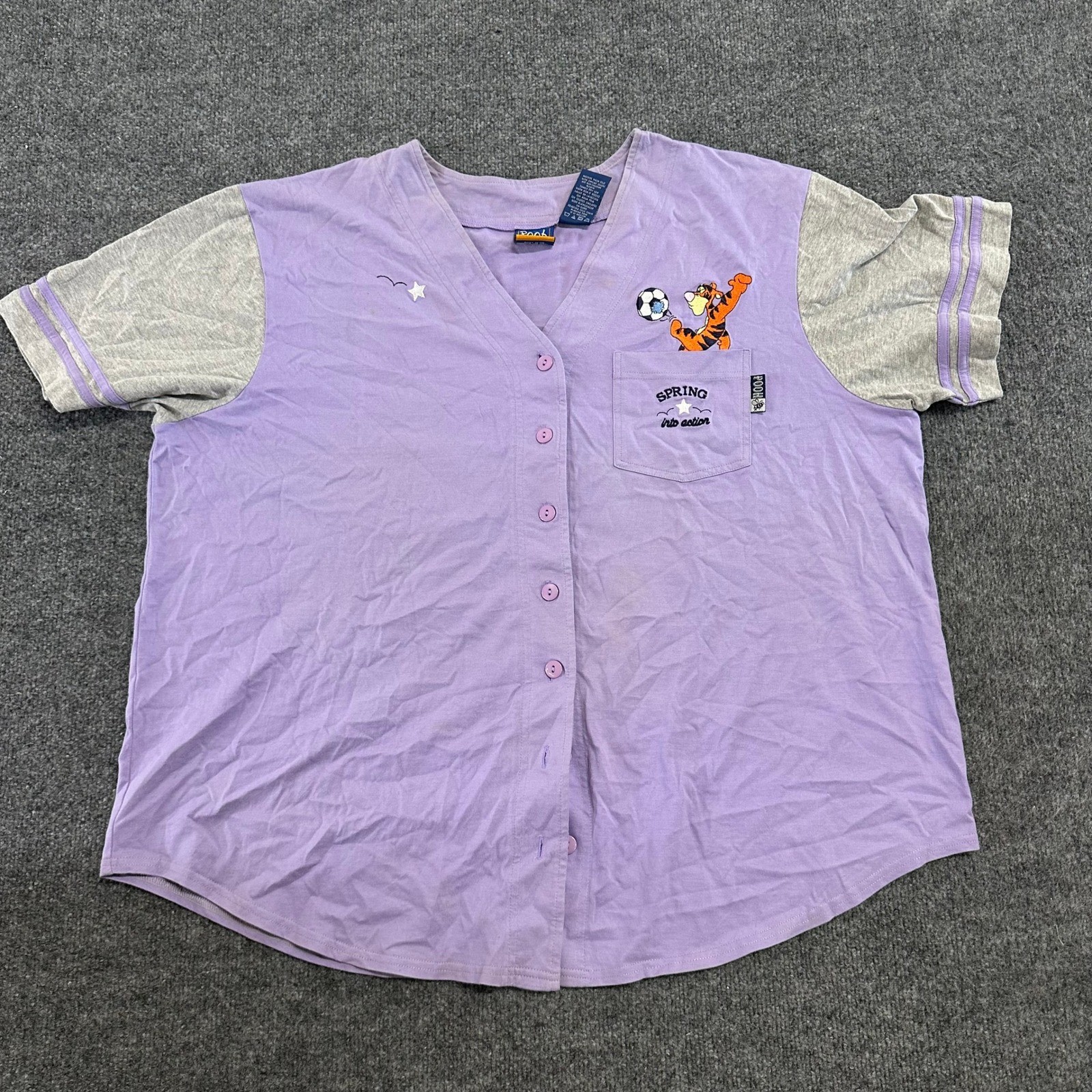 Pooh Baseball Shirt Womens 22W/24W Purple Tigger Embroidered Cotton Blend V-Neck