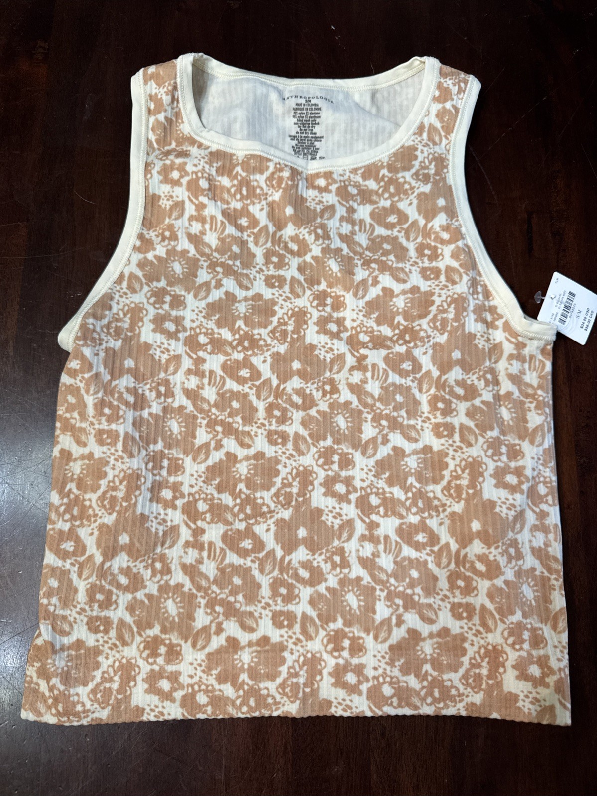 Anthropologie Tank Top Size Small / Medium Reega Neutral Floral Print Cropped