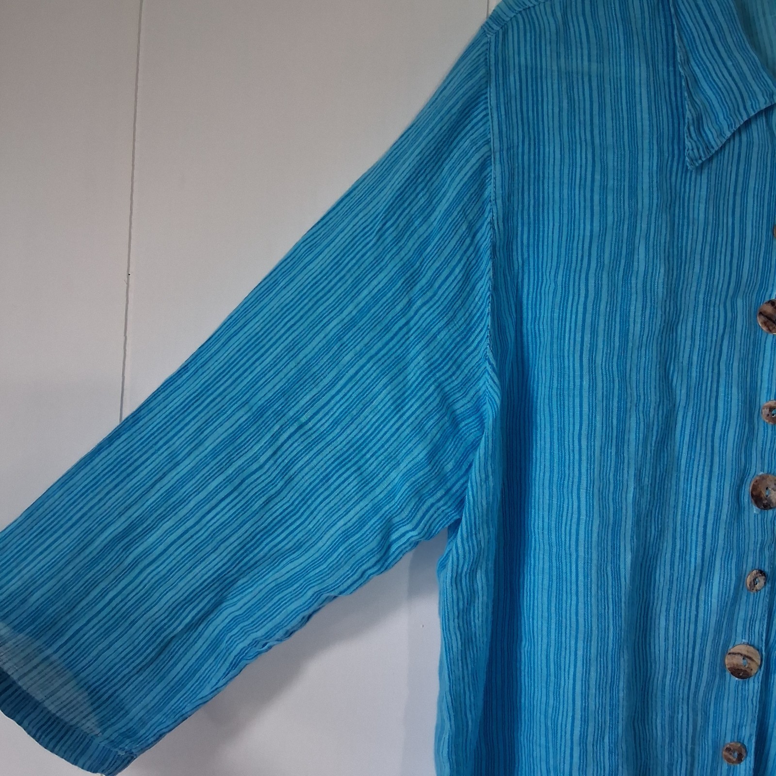 Click Color Me Cotton Linen Top Women’s XL Blue Stripe Button Front 3/4 Sleeve