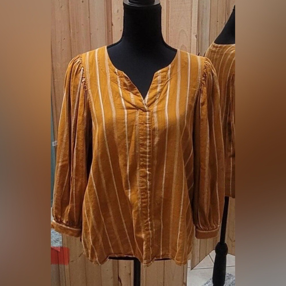 a.n.a Women’s Mustard Gold Striped Ballooon Sleeve Boho Blouse Top Small S (A2)