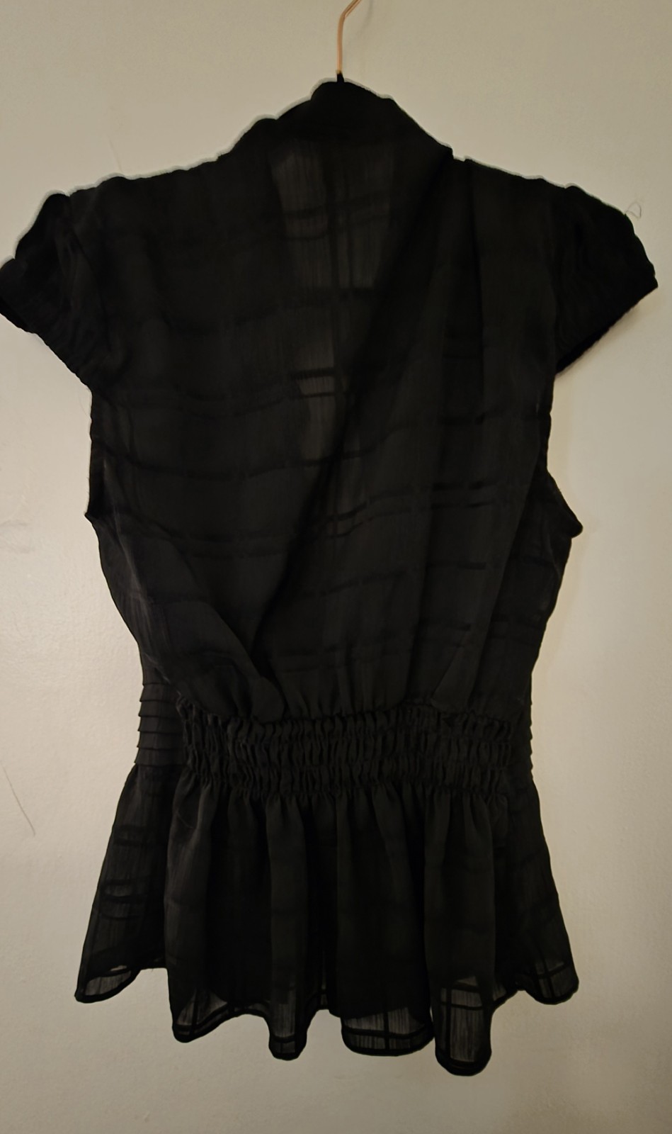 XOXO Black Lace Sheer Button Front Ruffle V-Neck Short Sleeve Blouse S Women