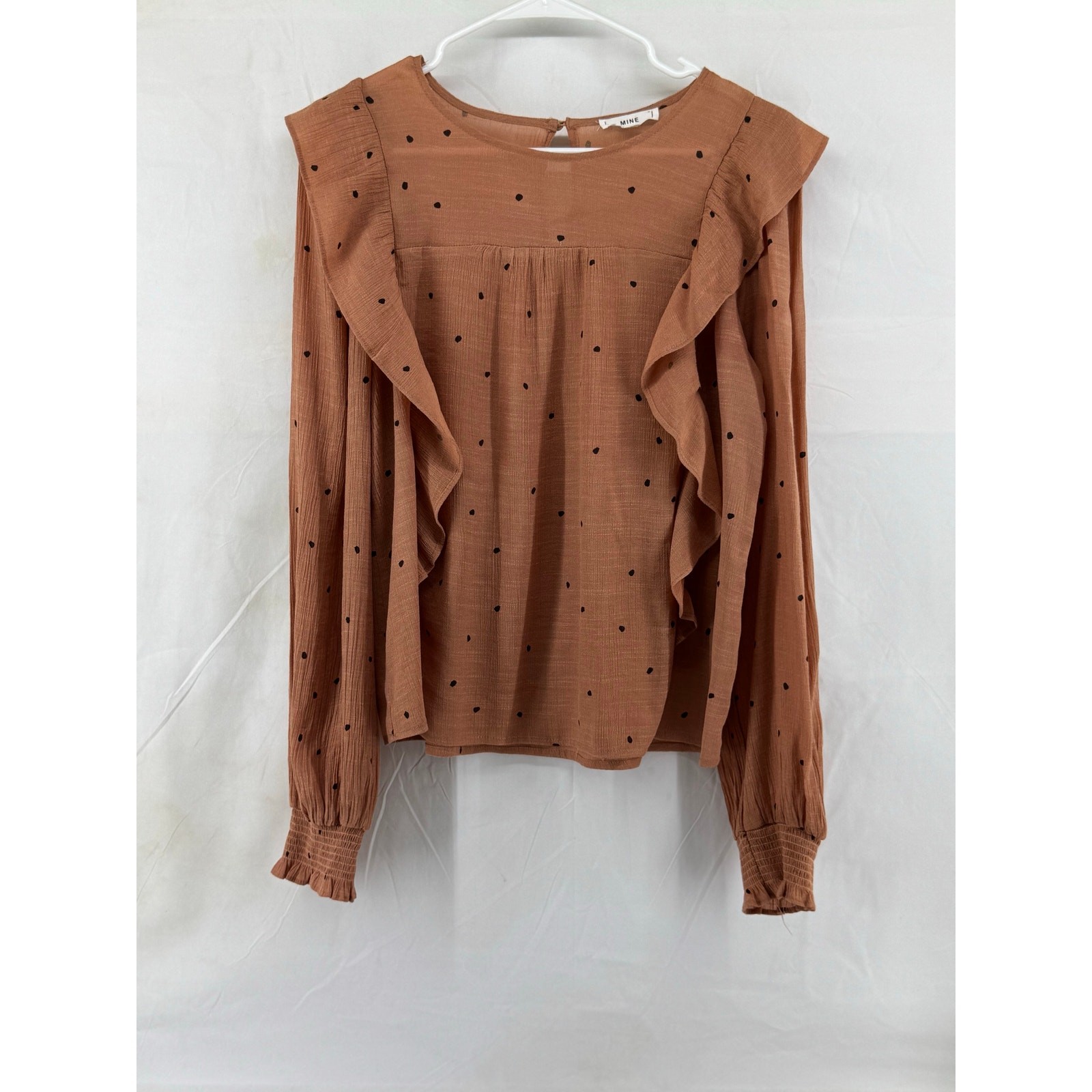 Mine L women’s rust orange, long sleeved ruffle pesent blouse