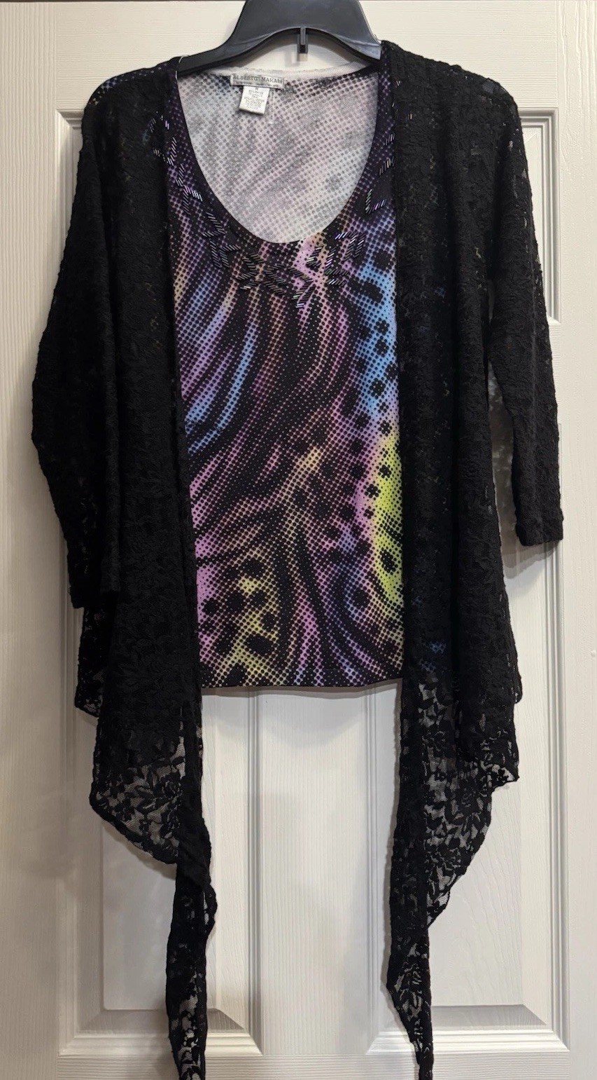 Alberto Makali Top Double Layer Stretch Floral Lace Overlay Beaded Sz M