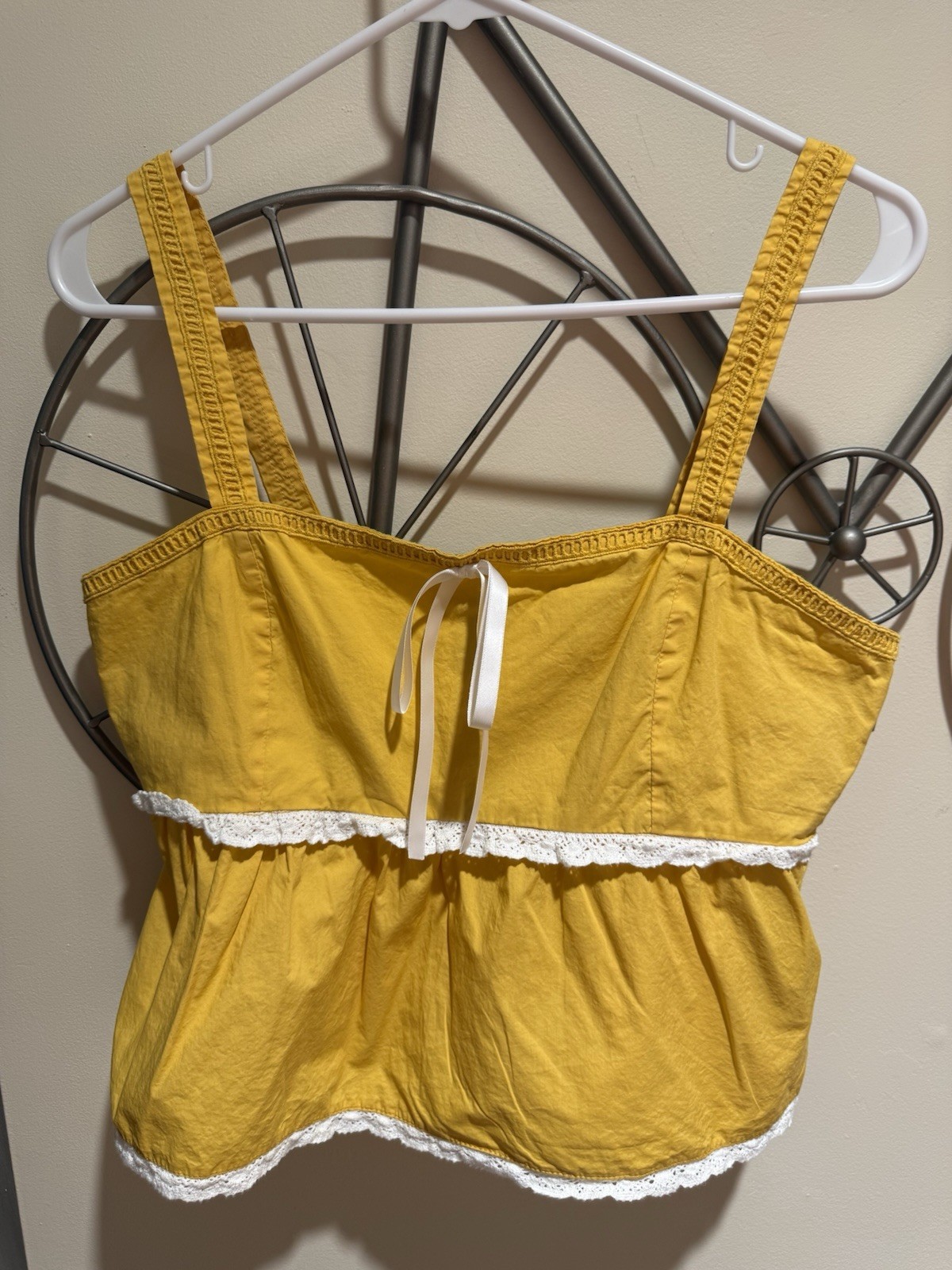 Forever 21 Sunshine Yellow Smocked Cropped Top, Size M, Peasant, Lace, Cotton