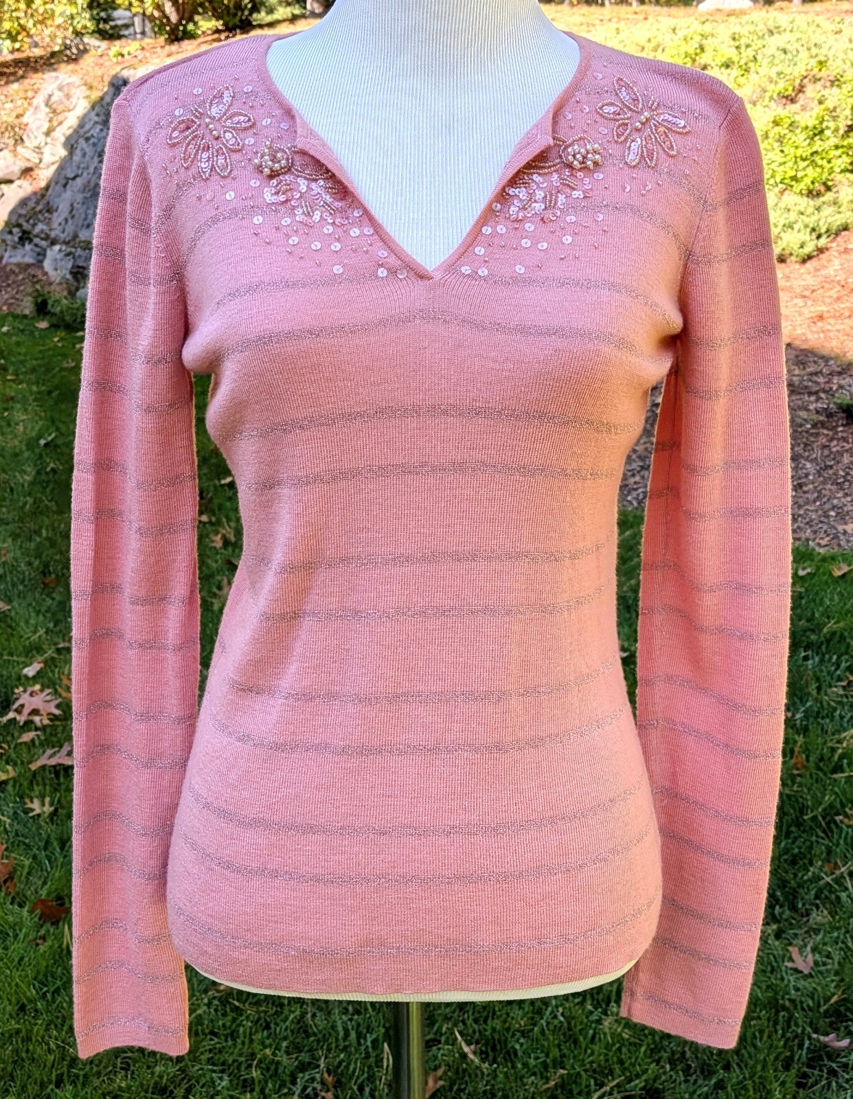 Emma James Petite Small Pink Wool Blend Beaded Sequin V Neck Sweater