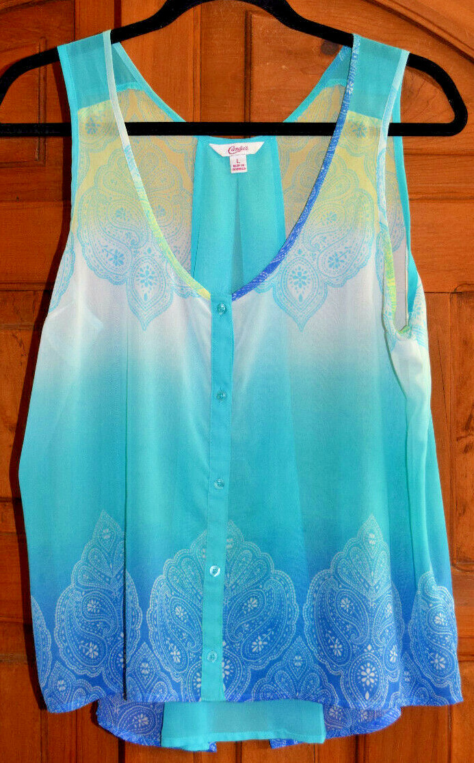 Candie’s Women’s Aqua Button Front Shirt Sheer Size L