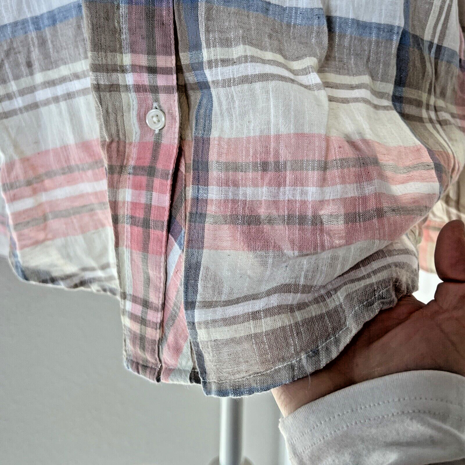 Lucky Brand Beige Pink Gray Plaid Gauze Button Long sleeve Shirt Womens sz L NWT