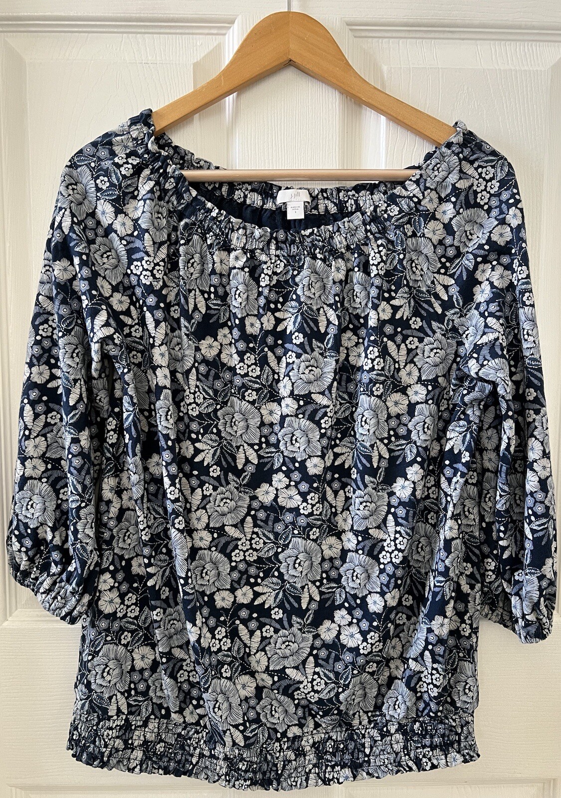 J. Jill Floral Blue Smocked-Waist Blue Floral Peasant Top Blouse Size Small Hobo