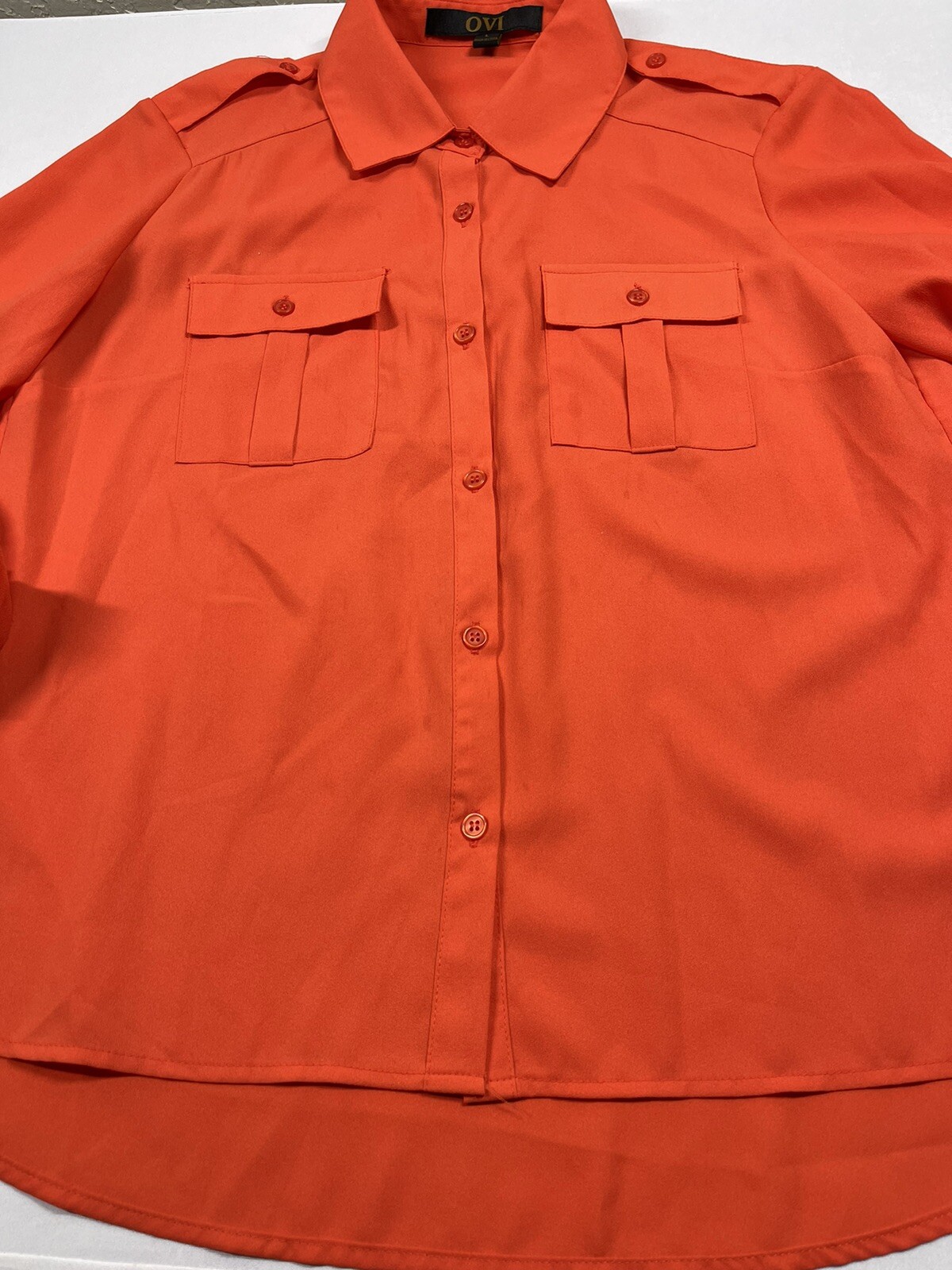OVI Size L Large Orange Button Tap Sleeves Roll Up Collared Button Down Blouse