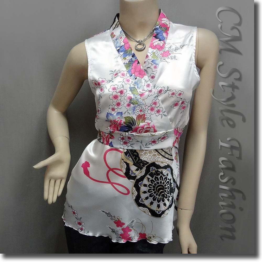 Japanese Kimono Sleeveless Floral Silky Satin Tank Top White S/M/L/XL/2XL/3XL