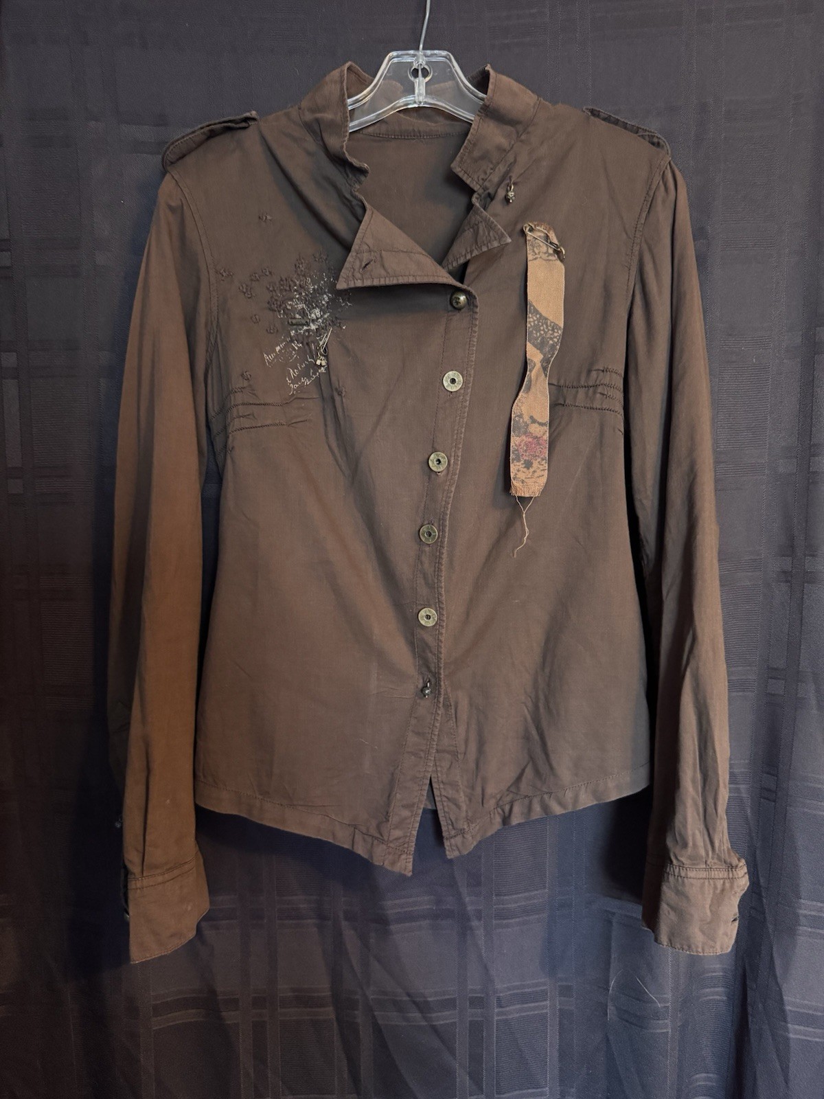 Unique Blouse Embroidered Asymmetrical One Of A Kind Top Brown Brass Buttons