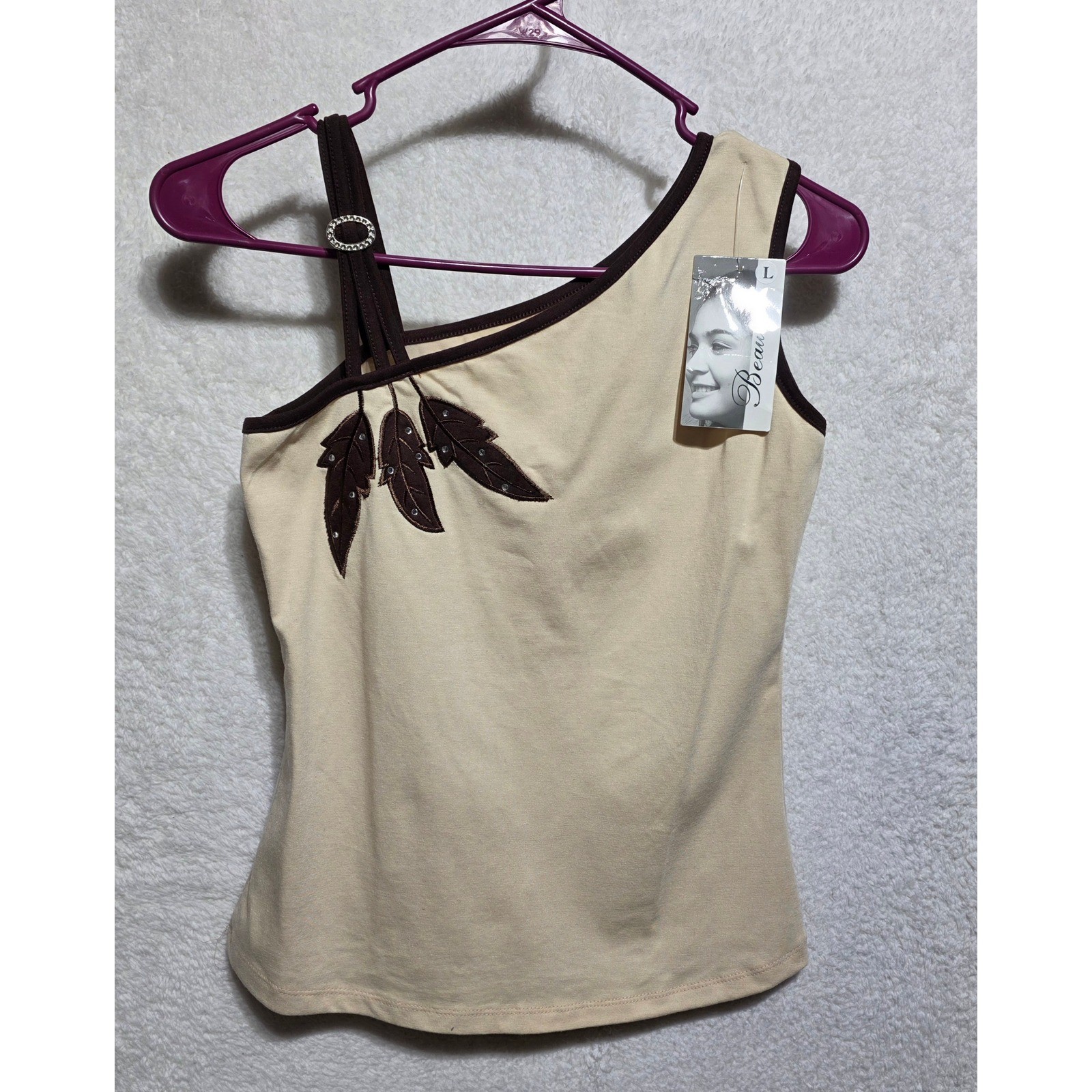 Beauty Model One Shoulder Tank Top Women L Beige Brown Leaf Rhinestone Accent