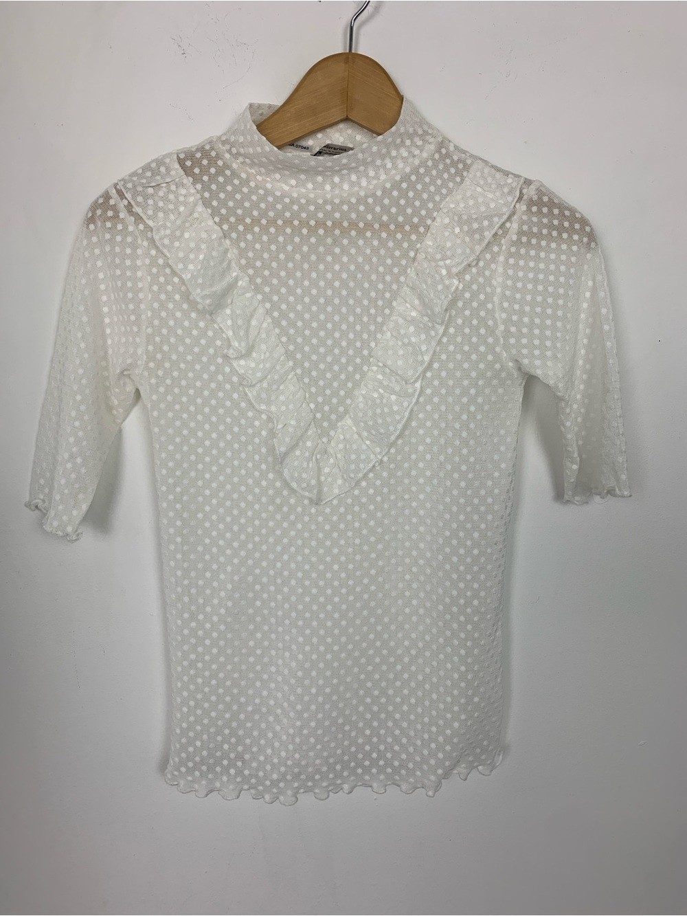 Stradivarius White Swiss Dot Mesh Ruffle Top Blouse Sz M Sheer Mock Neck