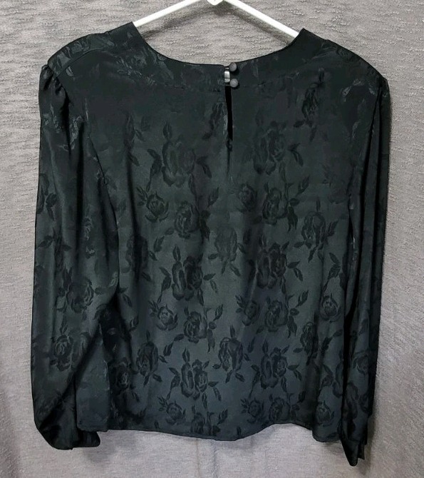 Vintage 80s Black Sateen Blouse 16 Elegant Mob Wife Rose Textured Big Shoulder