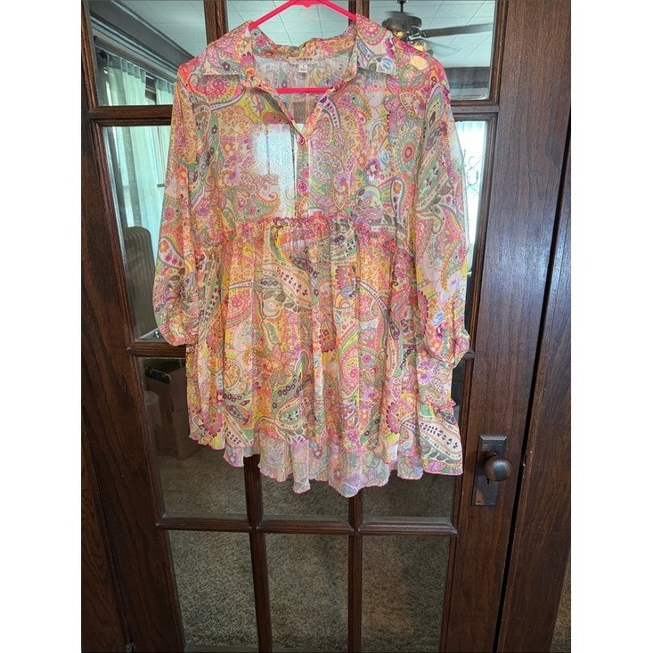 Umgee USA Sheer Paisley Babydoll Tunic Top Pink Yellow Green Small Boho Tiered