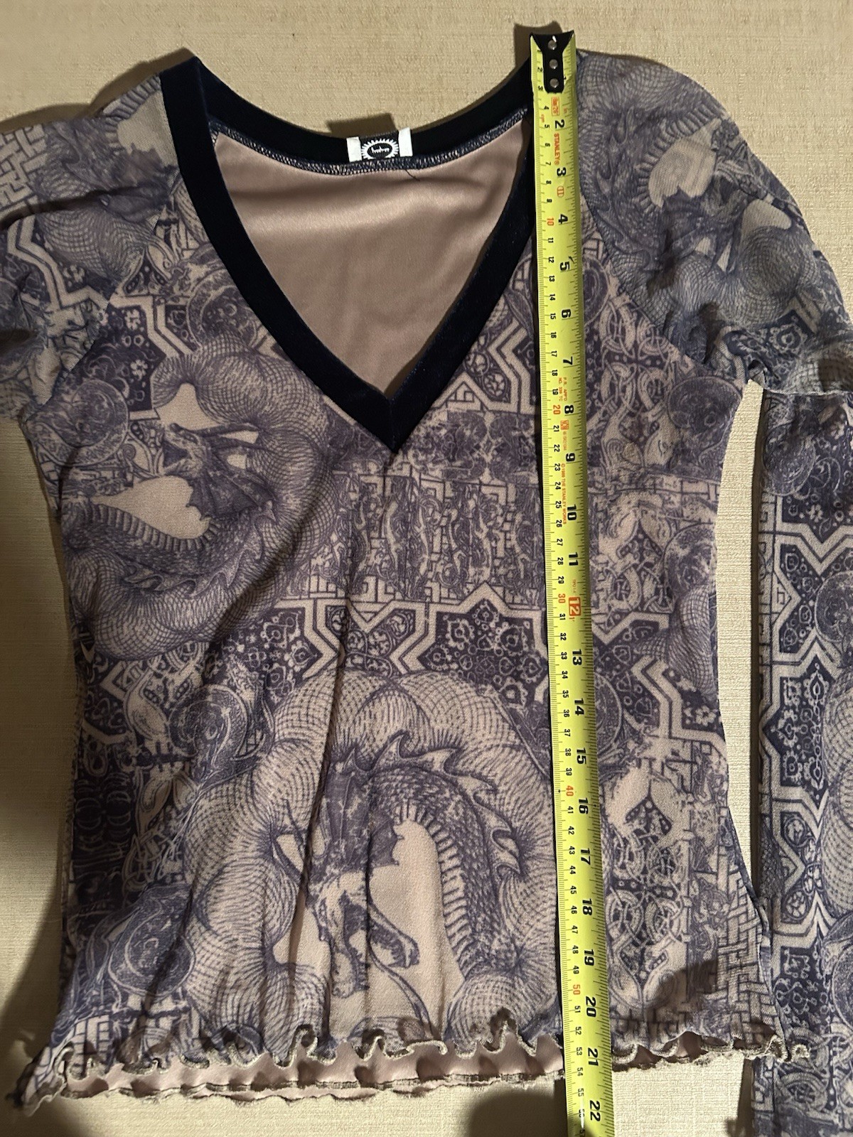 Vintage Y2K Fairy Grunge Dragon Print Sheer Mesh V Neck Long Sleeve Top