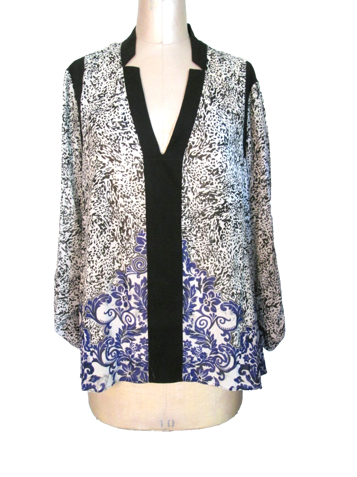 NICOLE MILLER BLACK/WHITE/PURPLE L/S TUNIC TI-BACK SLV SZ XL EXC COND! LITEWGT!