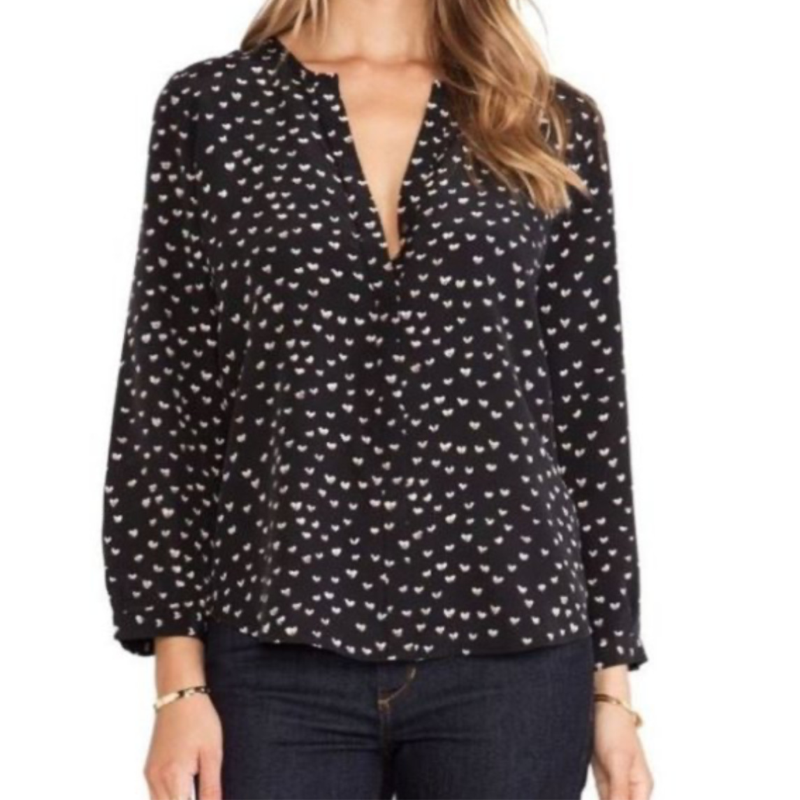 Joie Purine 100% Silk Crepe Button Down Black Top White Heart Print Blouse S EUC
