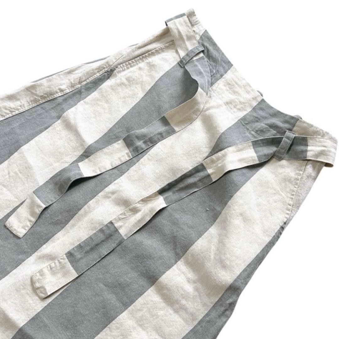 Ichi Antiquites Linen Knee-Length Skirt Beige Gray Stripe Elastic Waist