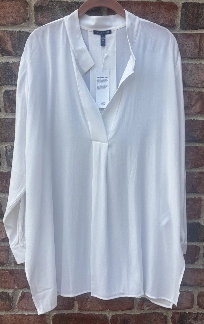 NWT Eileen Fisher Ivory Silk Georgette Stand Up Collar Tunic $288 XL/1X