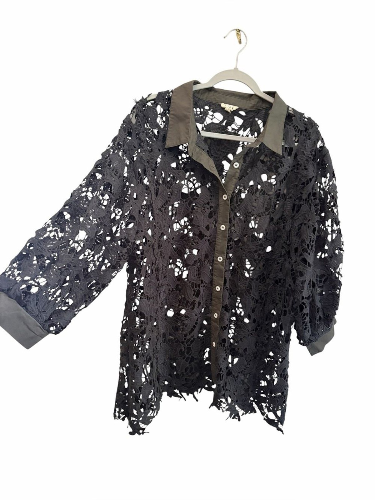 POL Boho Chic Black Crochet Floral Lace Frayed Button-Up Size Large Rustic