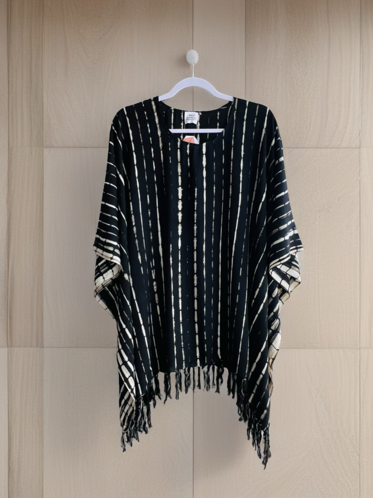 0158/ Tie Dye Rayon Poncho: Boho Beach Cover-Up, Oversized Top, Black Cream