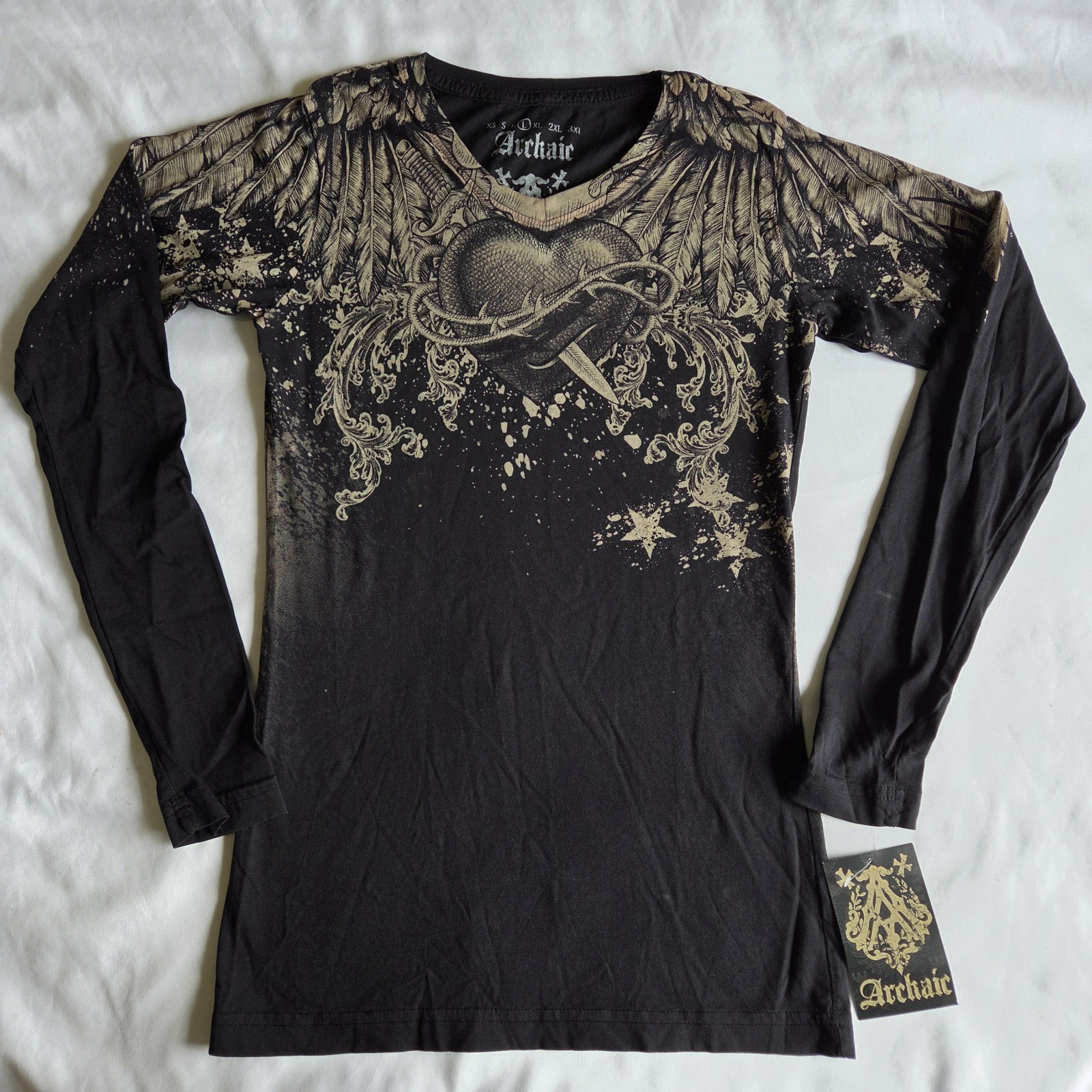 Archaic By Affliction Y2K Grunge Black L V-Neck Long Sleeve Graphic T-Shirt NWT