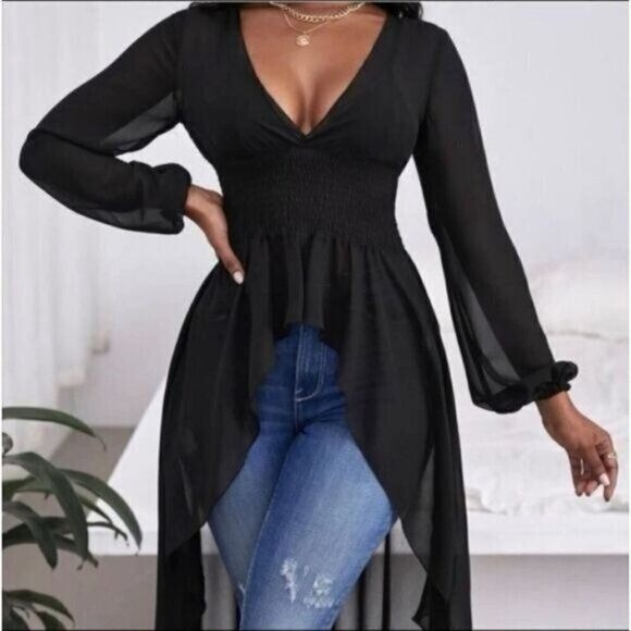 Plunging Neck Lantern Sleeve High Low Hem Top