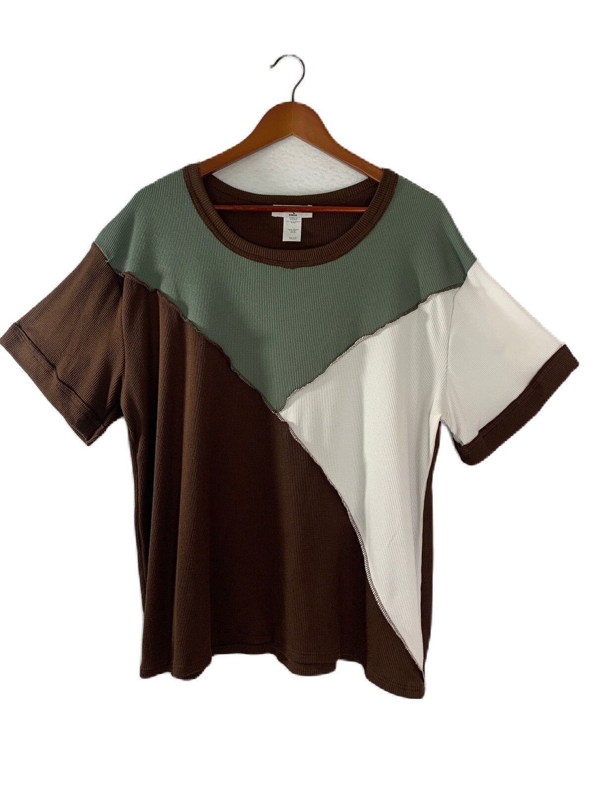 Moa Moa Top Women 1X Multicolor Block T Shirt Waffle Knit USA Cottage Casual NWT