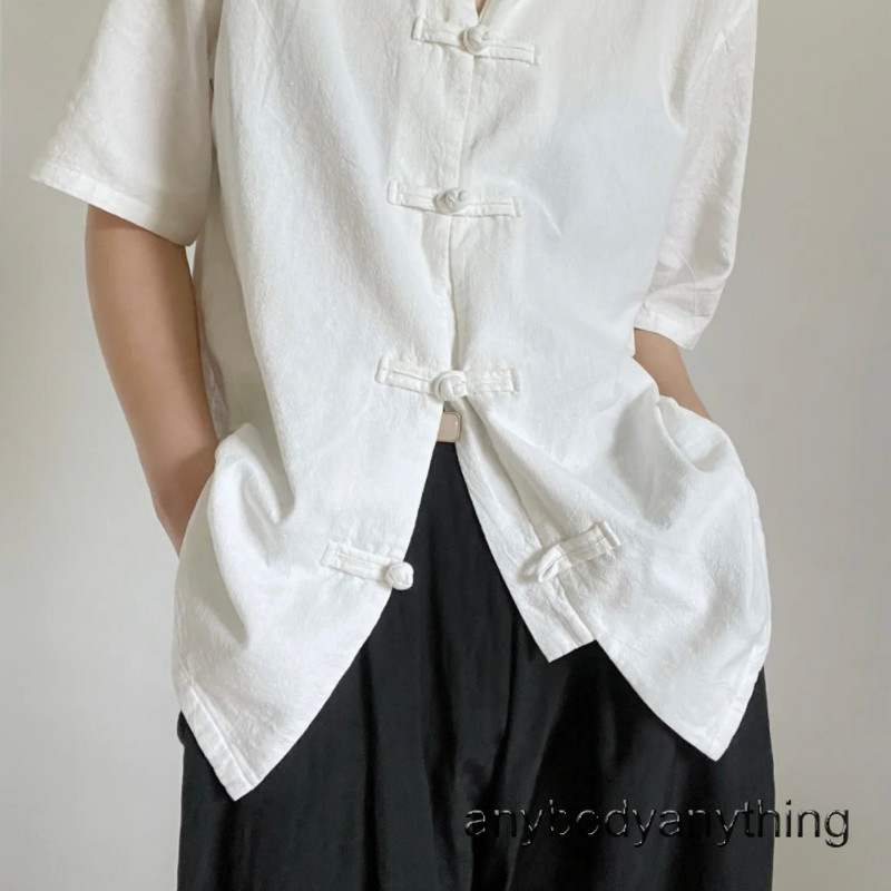 Lady Retro Chinese Frog Button Hanfu Shirt Ethnic Tai Chi Top Short Sleeve Basic