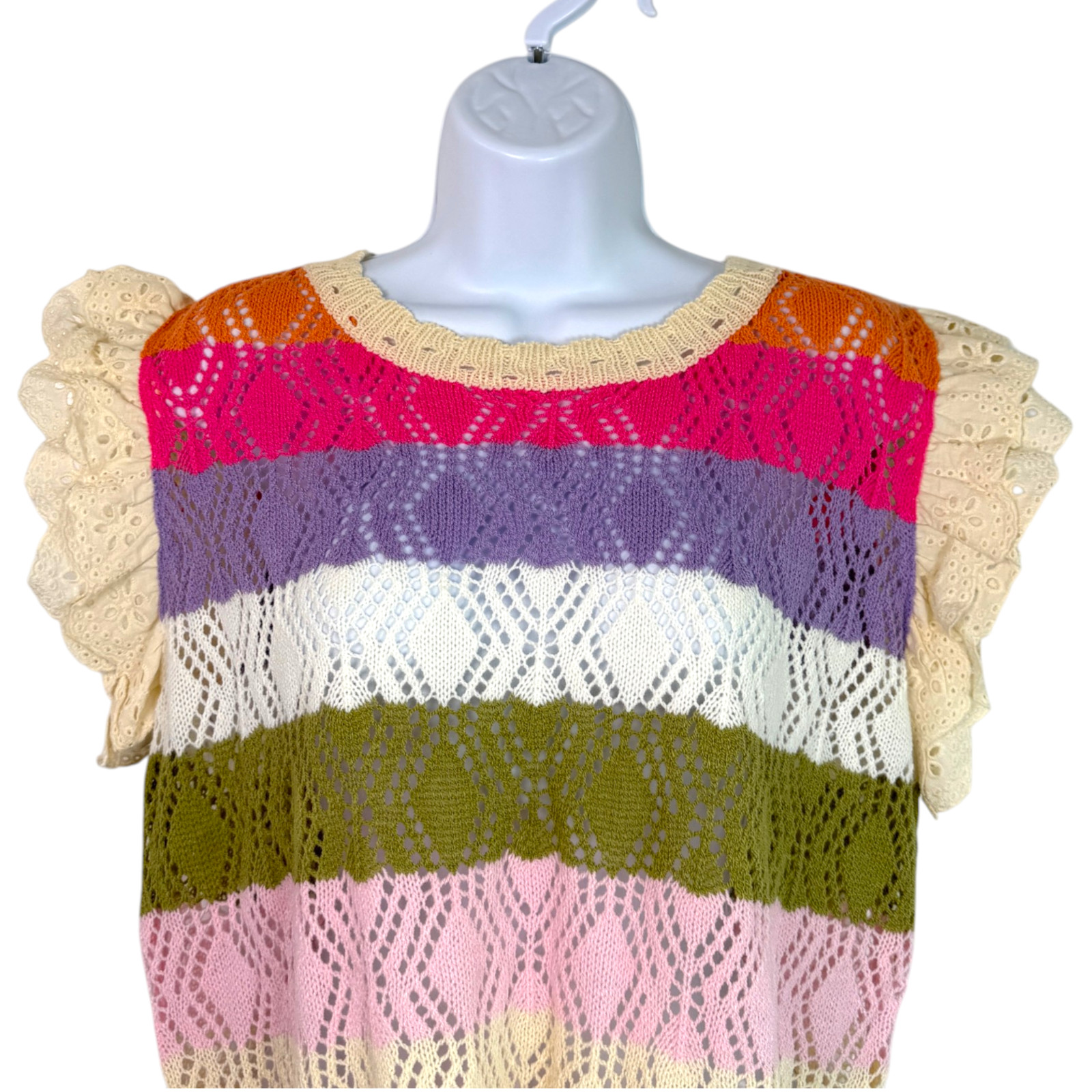 BiBi Colorblock Crochet Knit Ruffle Sleeve Sweater Sz M Boho Cottage Whimsical
