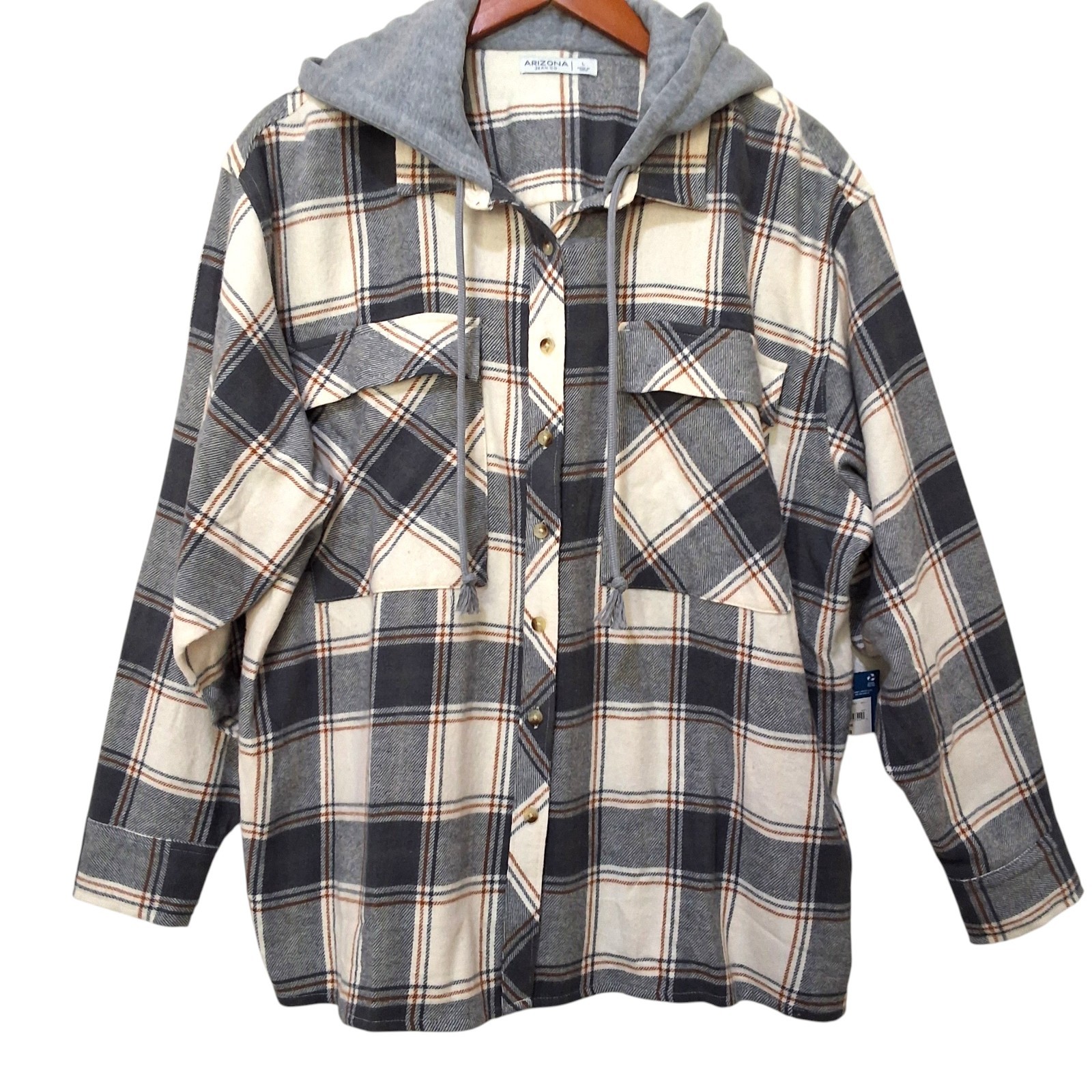 Arizona Womens Oversized Gray/Cream/Brown Flannel Shirt Contrast Hoodie Sz L/X.L