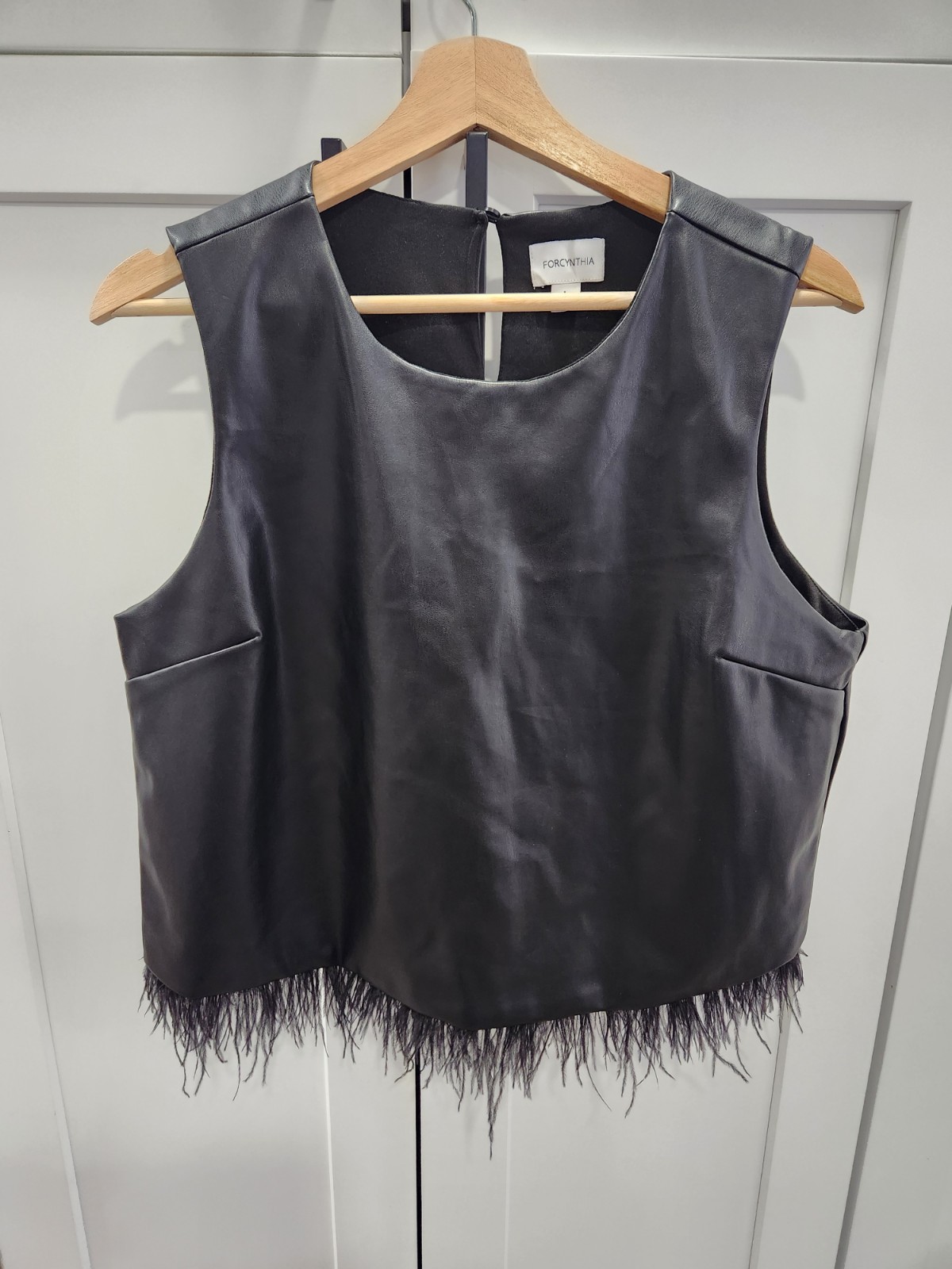 For Cynthia – Faux Leather Feather-Hem Sleeveless Top – Black