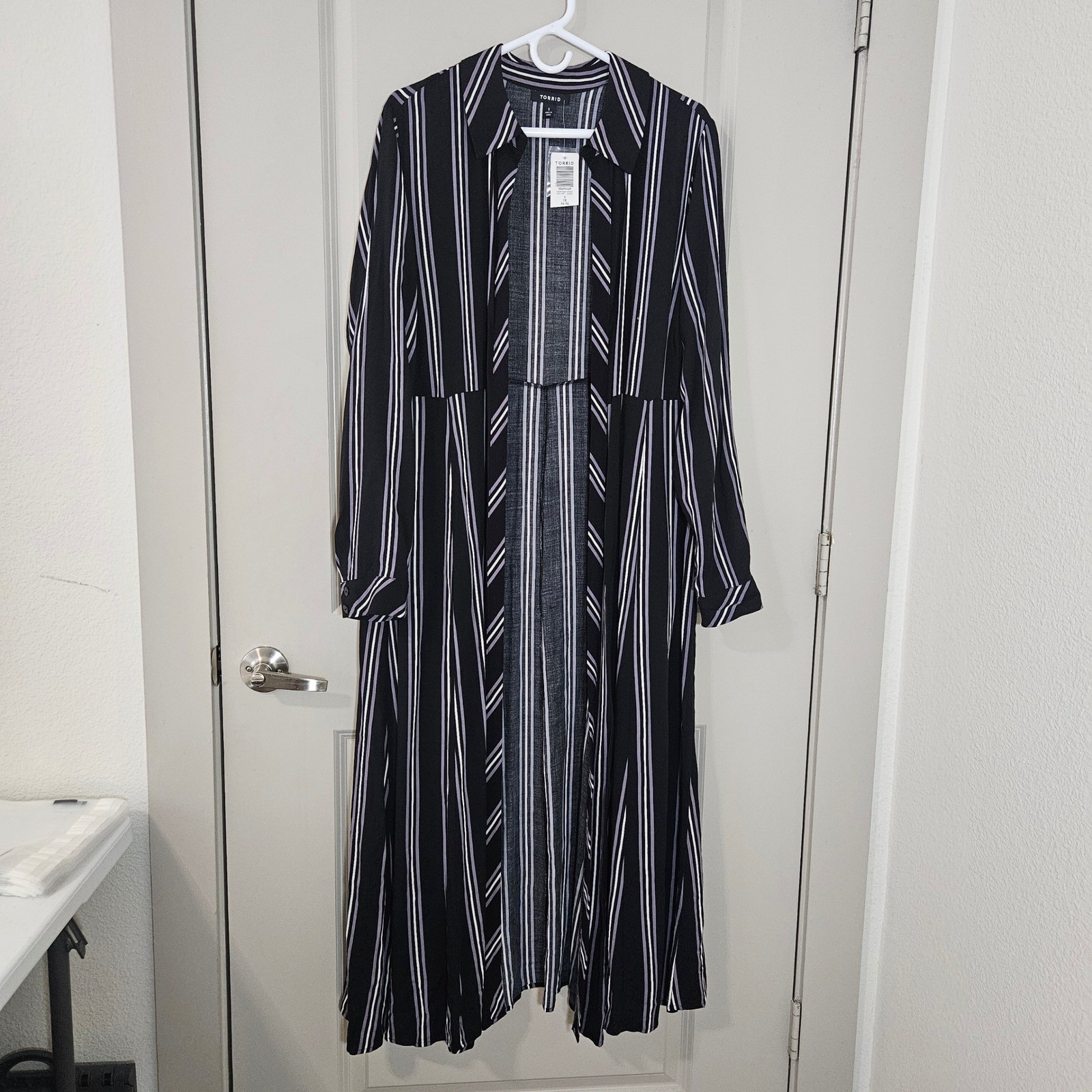 Torrid Stripe Shirt Kimono Duster Black Purple White Plus Size 1 1X 14-16 NEW