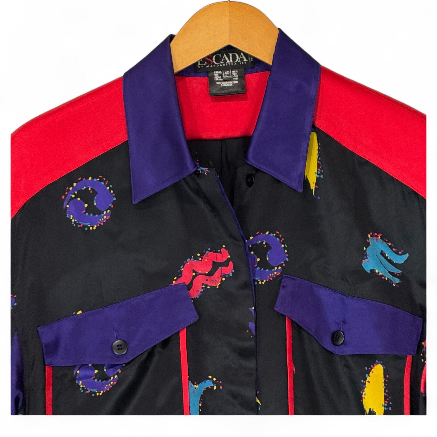 Escada by Margaretha Ley Silk Blouse Women EU 40 Black Abstract 90’s Luxury VTG
