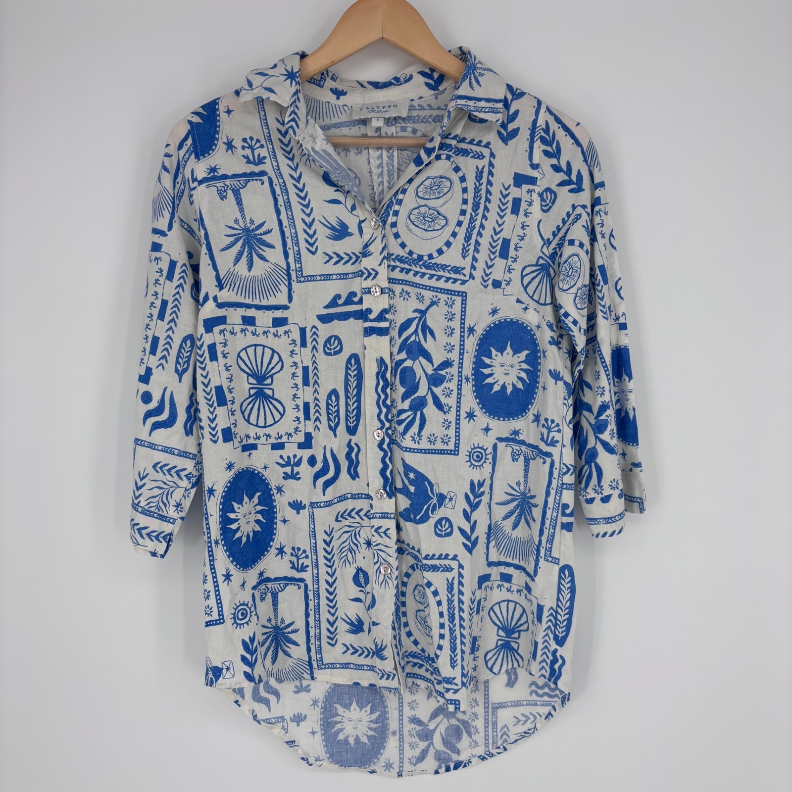 Calypso St Barth Button Down Shirt Womens S Blue Linen Blend Nautical Print Top