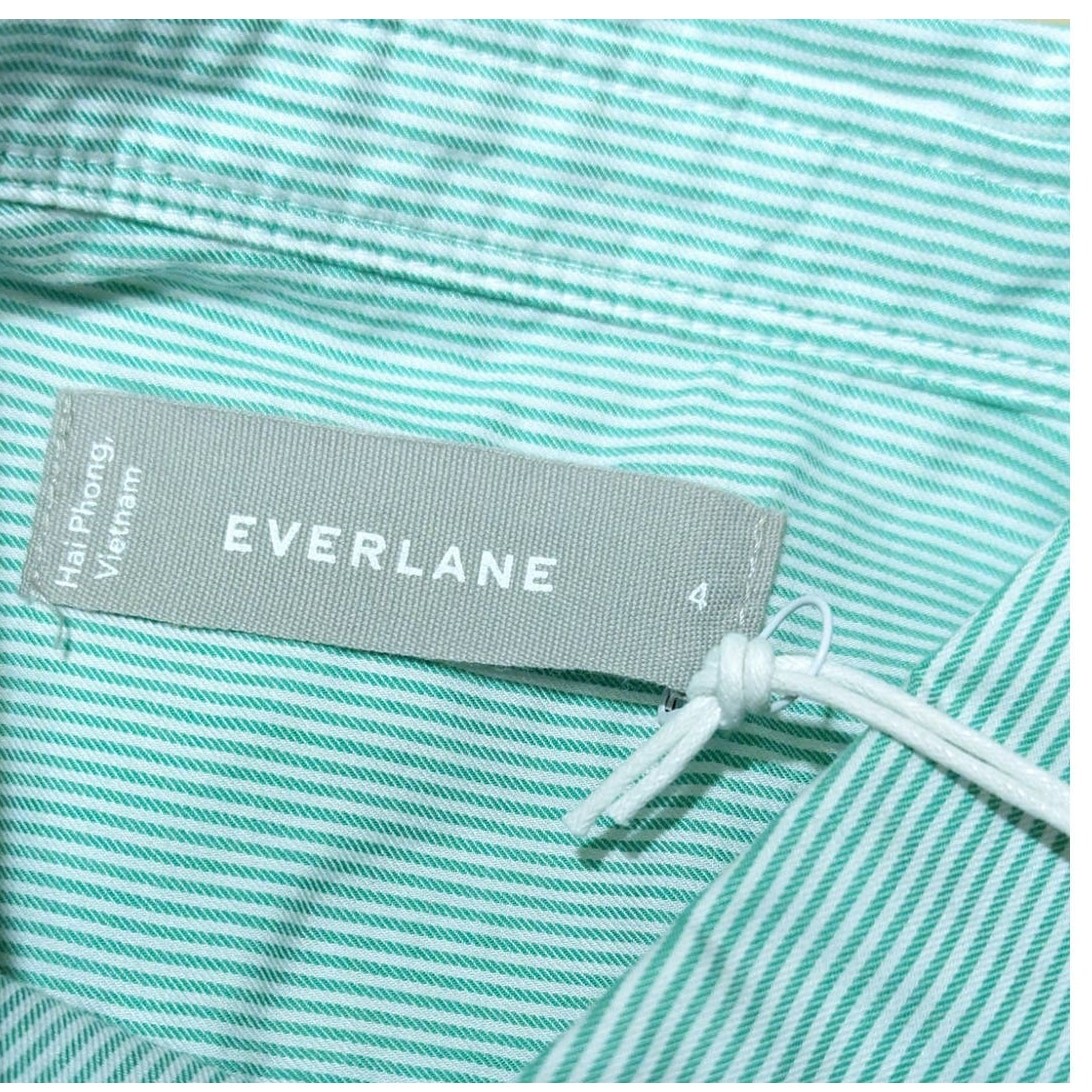 Everlane Shirt Size 4 Button-Down Collared Long Sleeve 100% Cotton Green Stripe