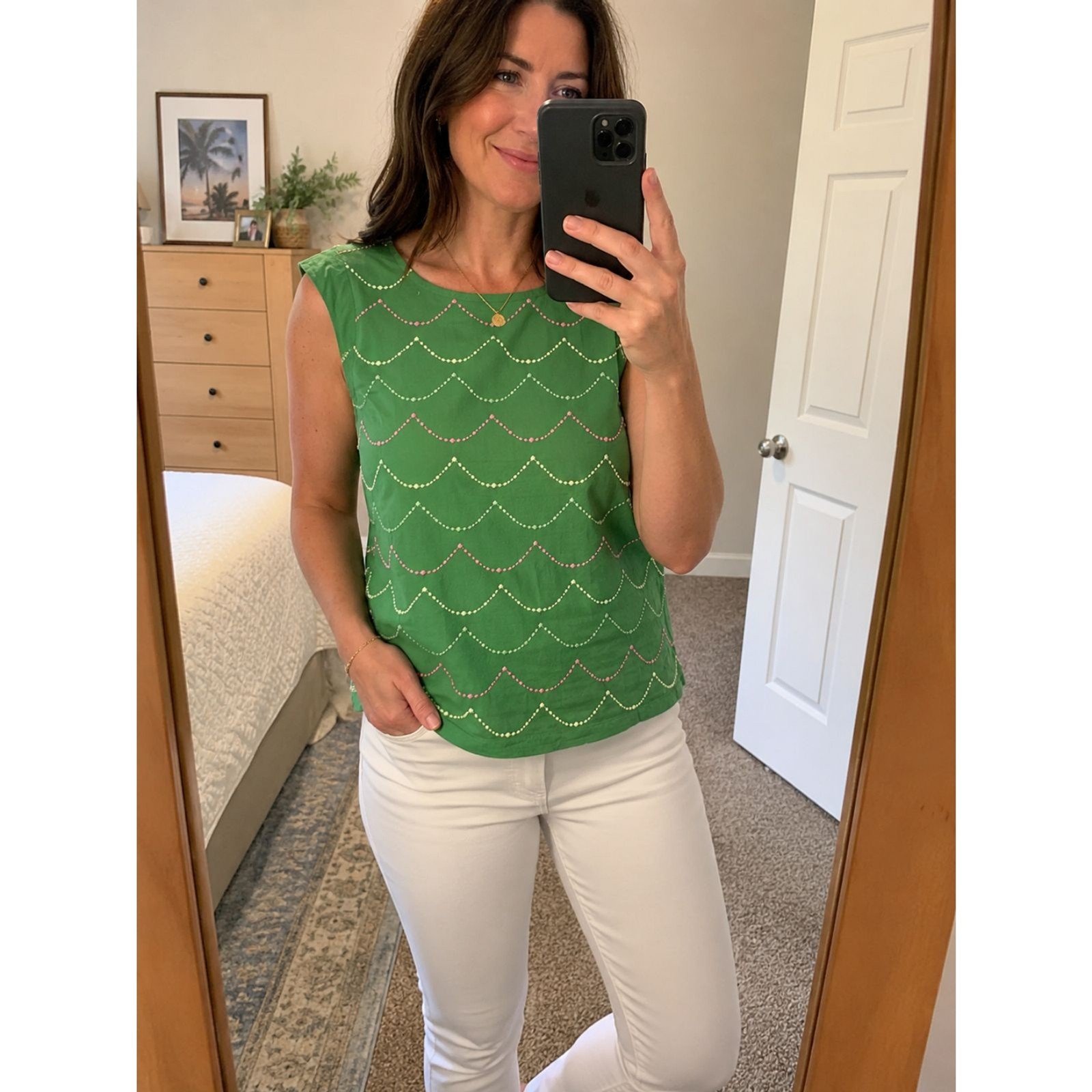 Boden Embroidered Shell Top Women’s 10 Green Scallop Dot Sleeveless 100% Cotton