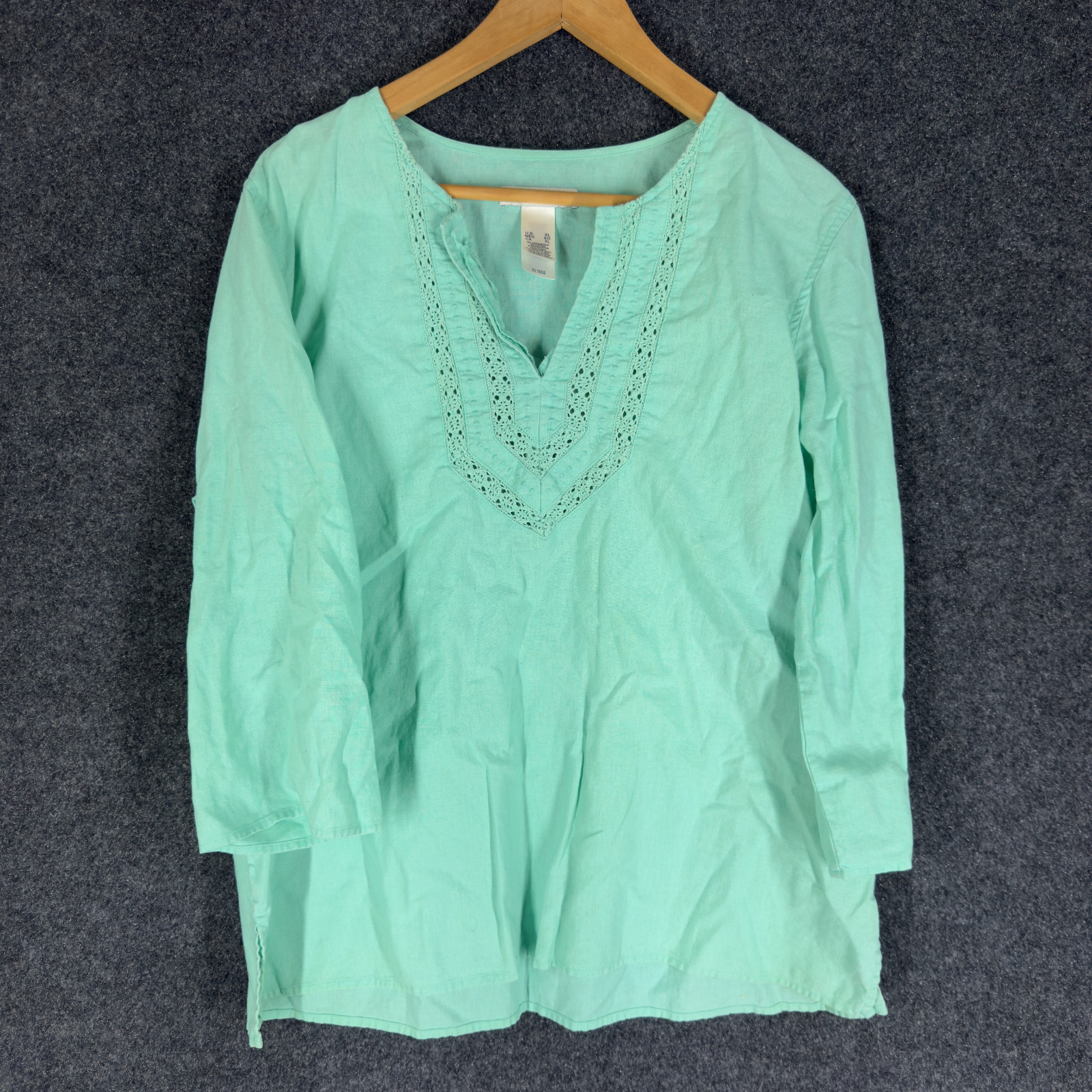 Crazy Horse Blouse Women XL Blue V-Neck 3/4 Sleeve Linen Pullover Casual Top