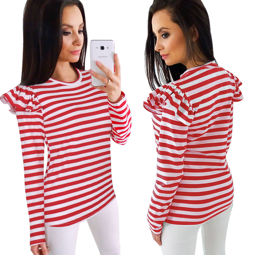 Women Ruffle Tops Causal T-Shirt Long Sleeve Striped O-Neck Tee Shirt Tops US