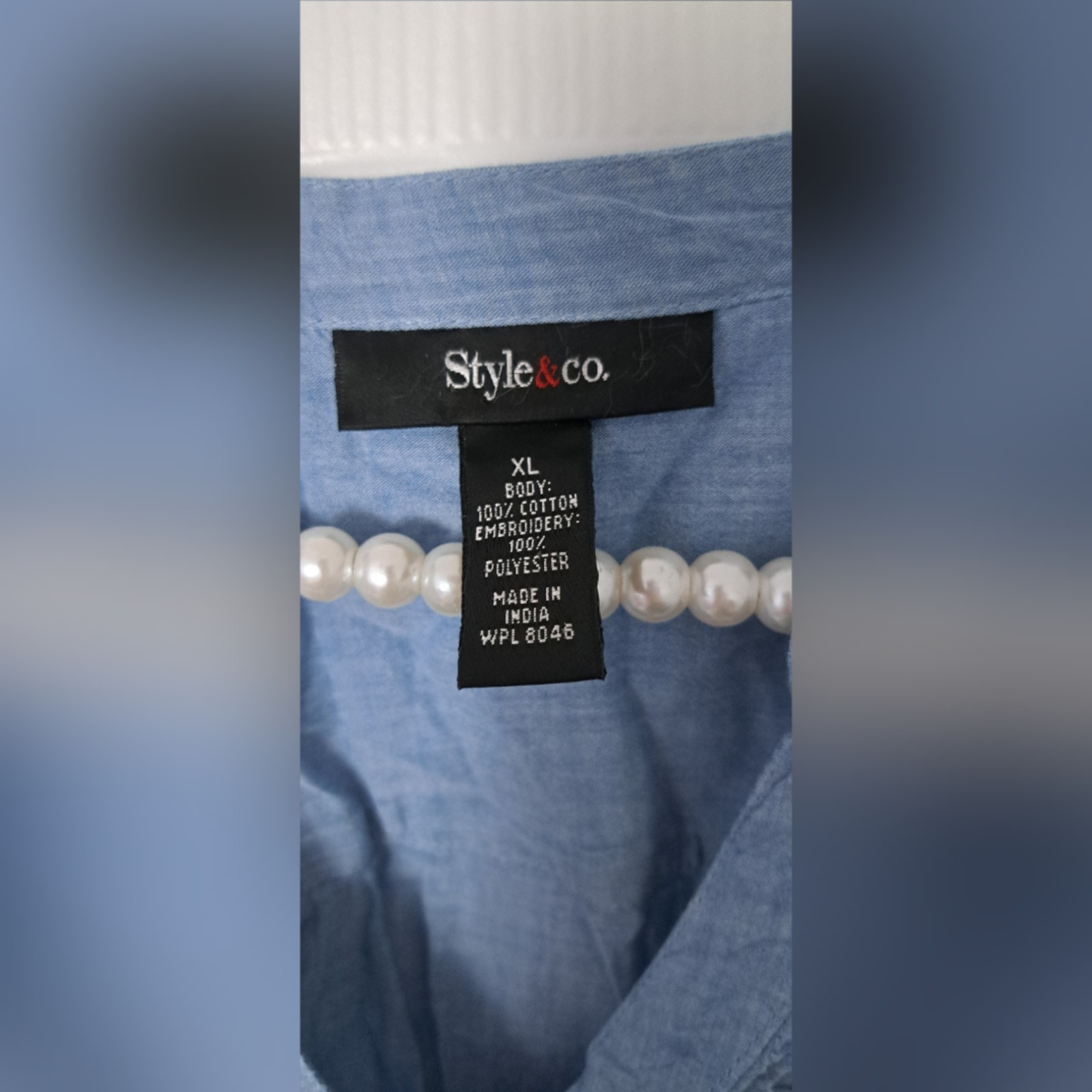 Style & Co Light Blue Embroidered Hem Popover Top Blouse Cotton Size XL