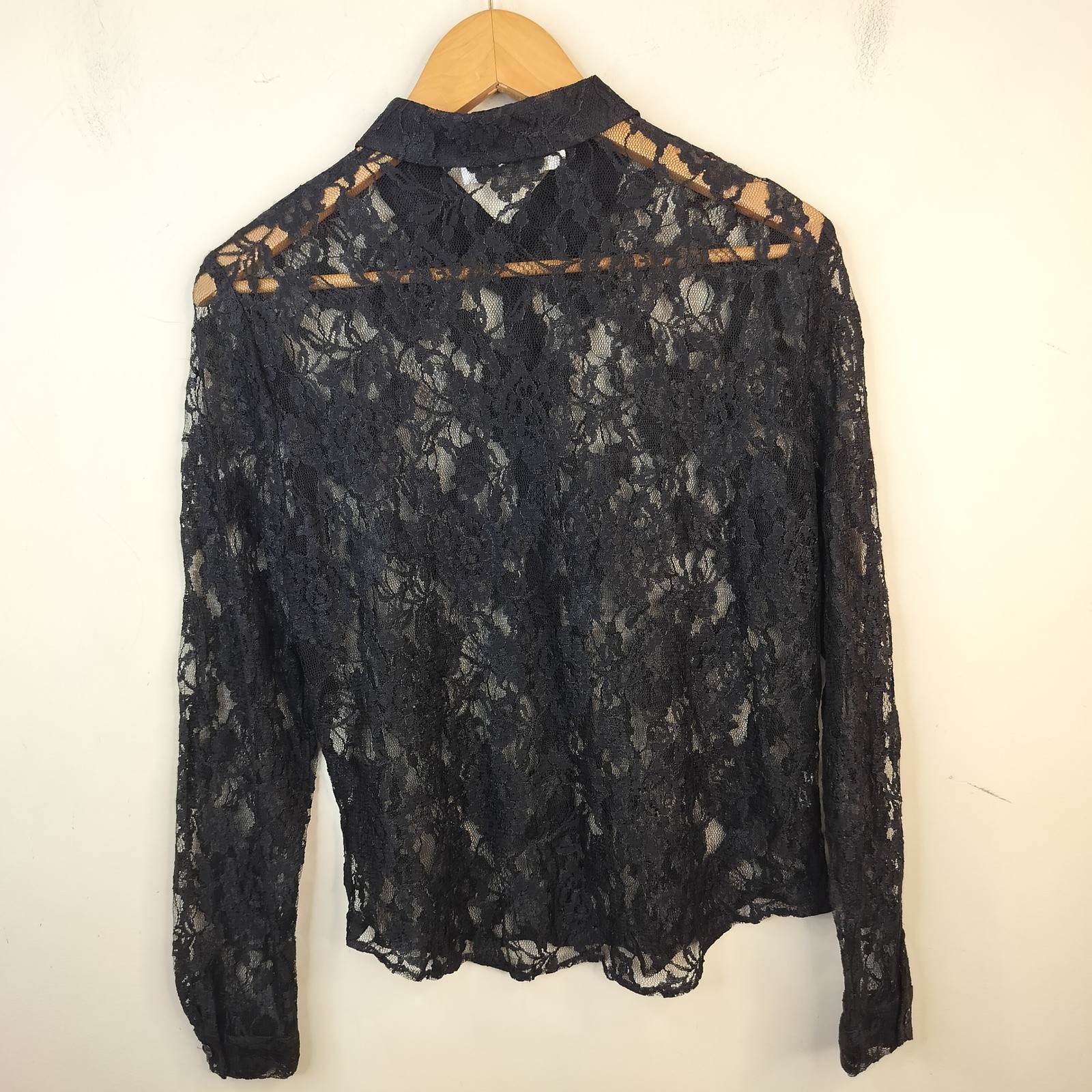 Jones New York Lace Button Down Shirt Womens Small Sheer Floral Goth Black