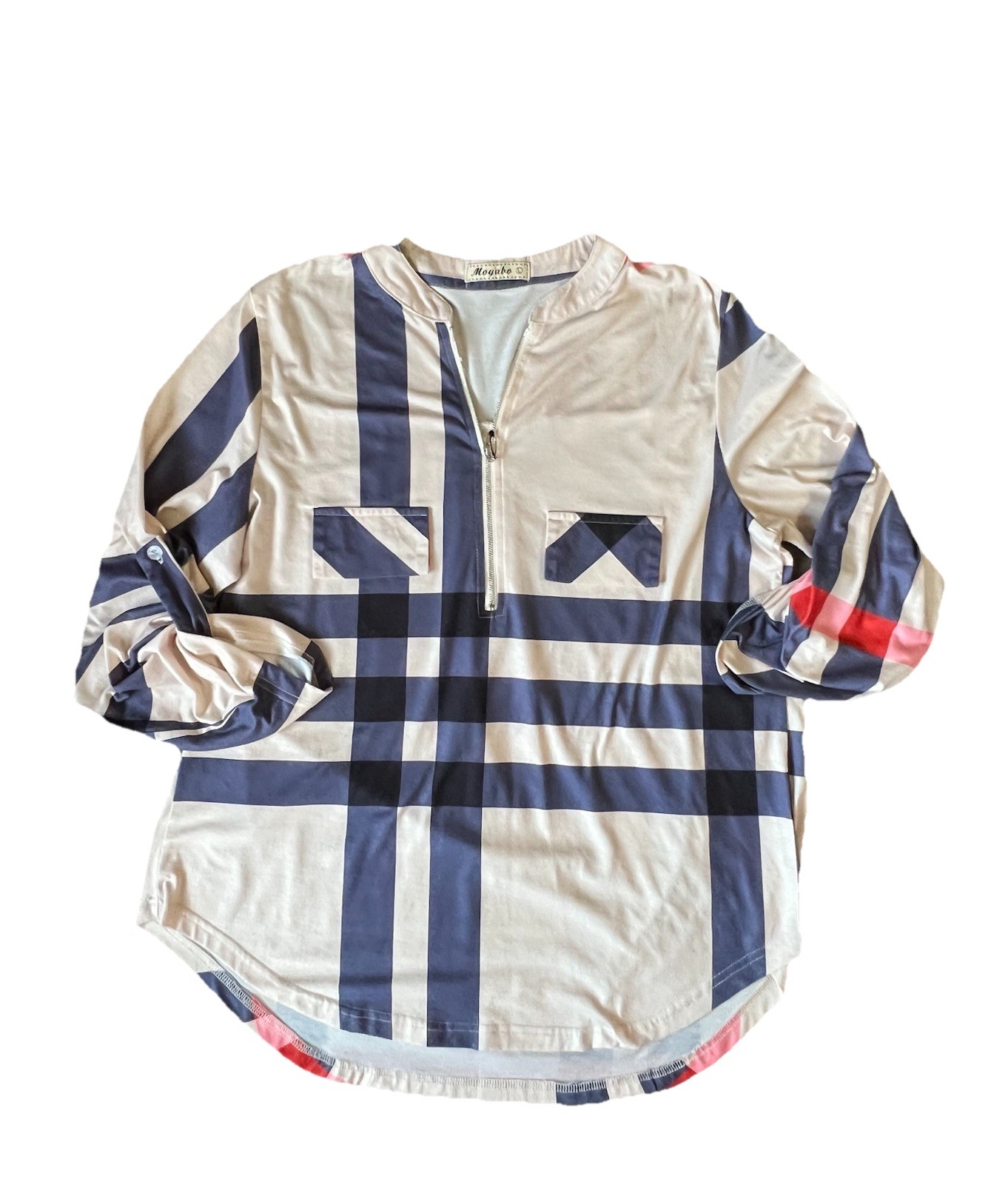 Moyabo Plaid Zip Neck Blouse Large Preppy Streetwear Chic