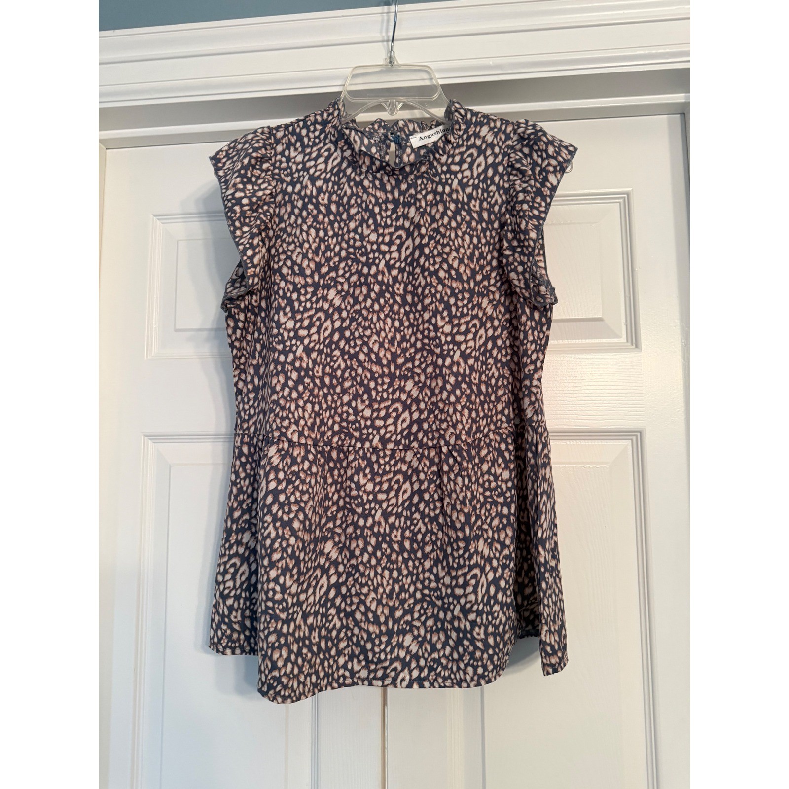 Angashion Womens Leopard Print Blouse Navy Blue Ruffle Mock Neck Flutter S