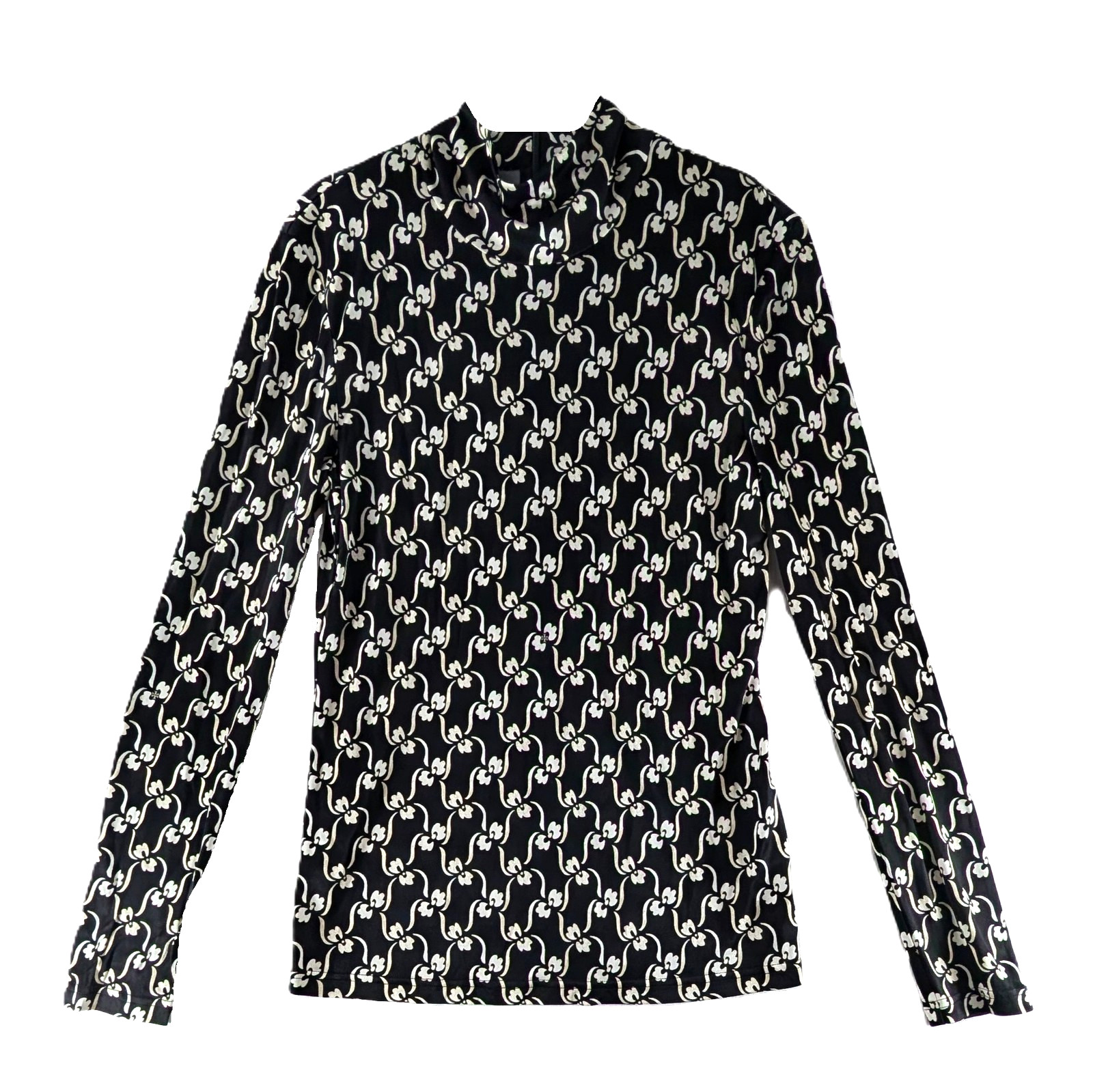 Tory Burch Top Blouse Womens Size Large Black Ivory Beige Silk Blend Zip Floral
