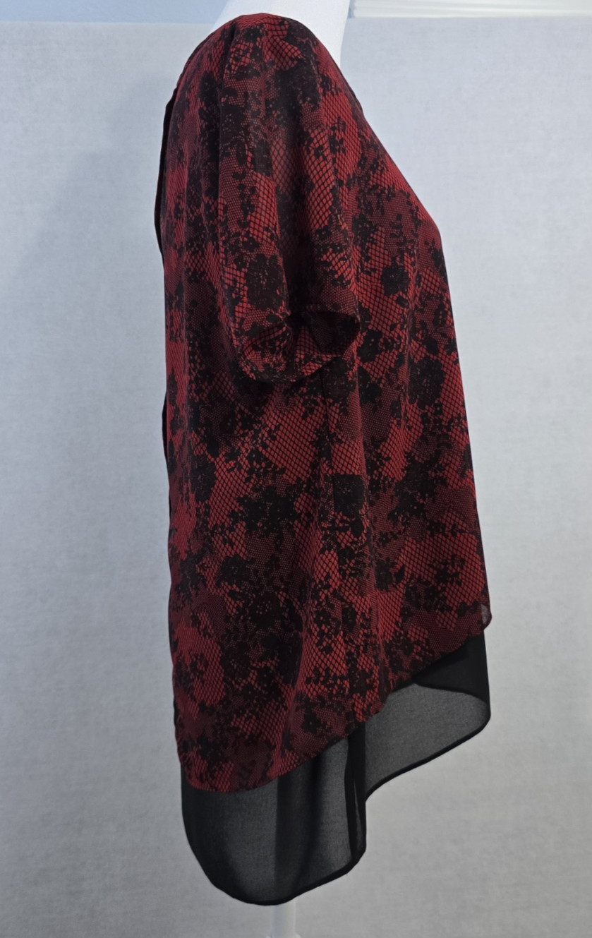 Michael Kors Layered Chiffon Blouse Womens PL Red Black Floral Mesh Split Back