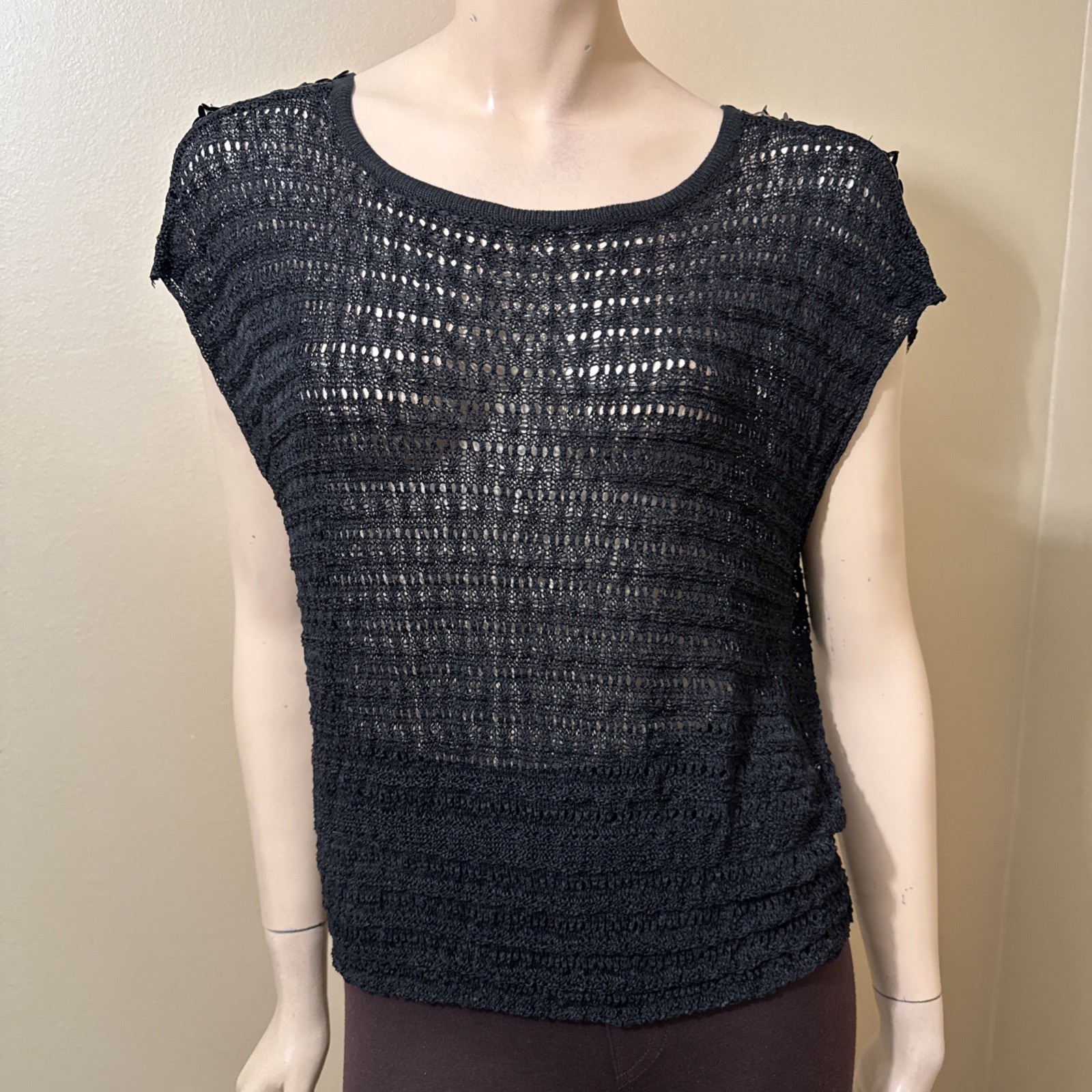 Women’s Black Rayon Casual Crochet Stretch Openwork Beaded Size M/L Blouse Top