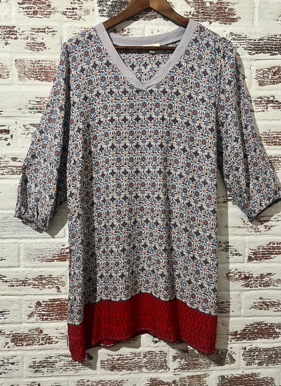 Kori America Tunic Blouse Multicolor V Neck 3/4 Sleeve Bohemian Sz L