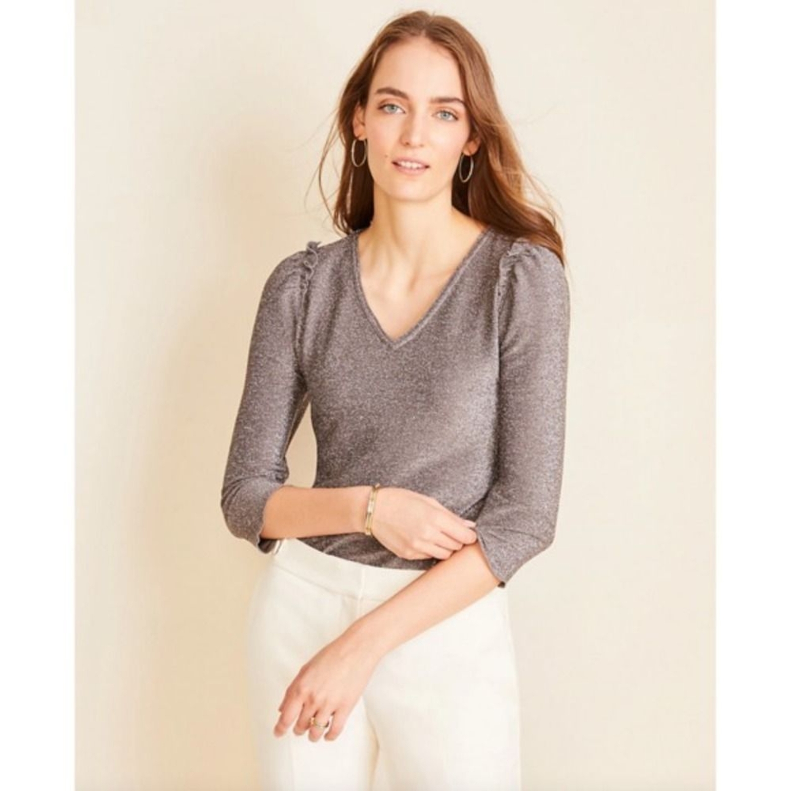 ANN TAYLOR Top Size XL Shimmer Ruffle Knit Glitter Sparkle Knit