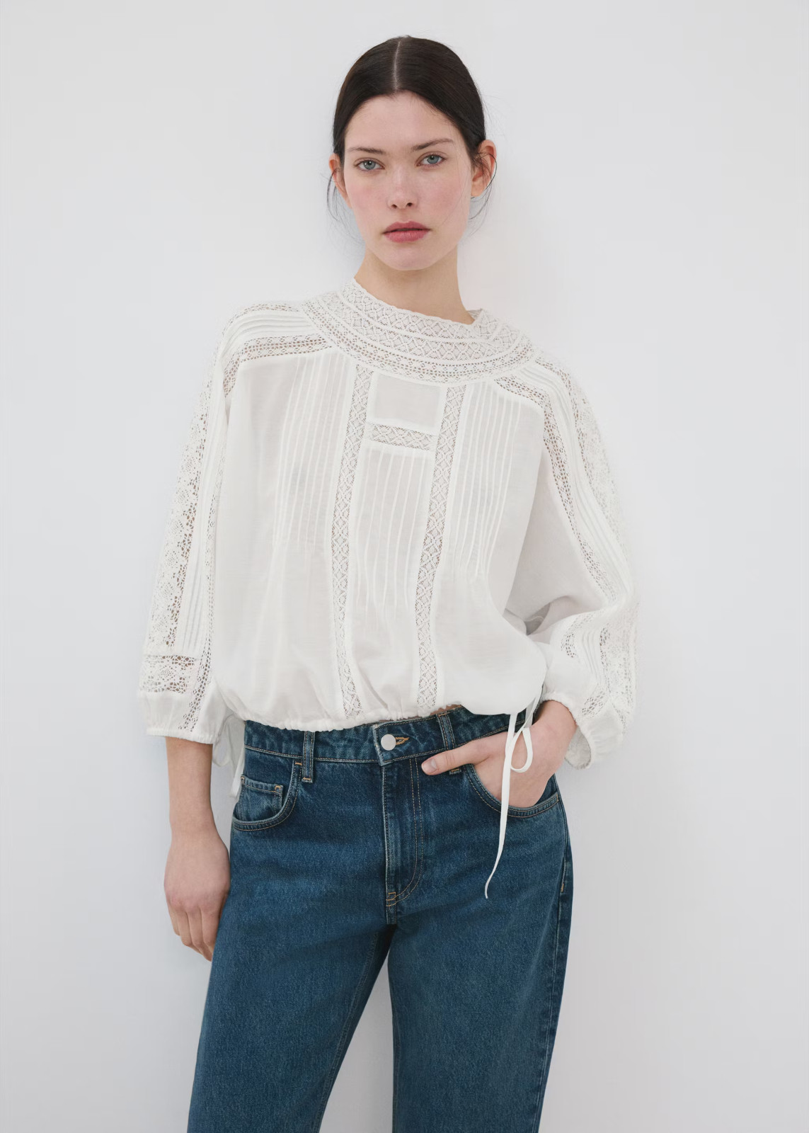 NEW Mango Embroidered blouse with lace accents WHITE SIZE M/100%AUTHENTIC